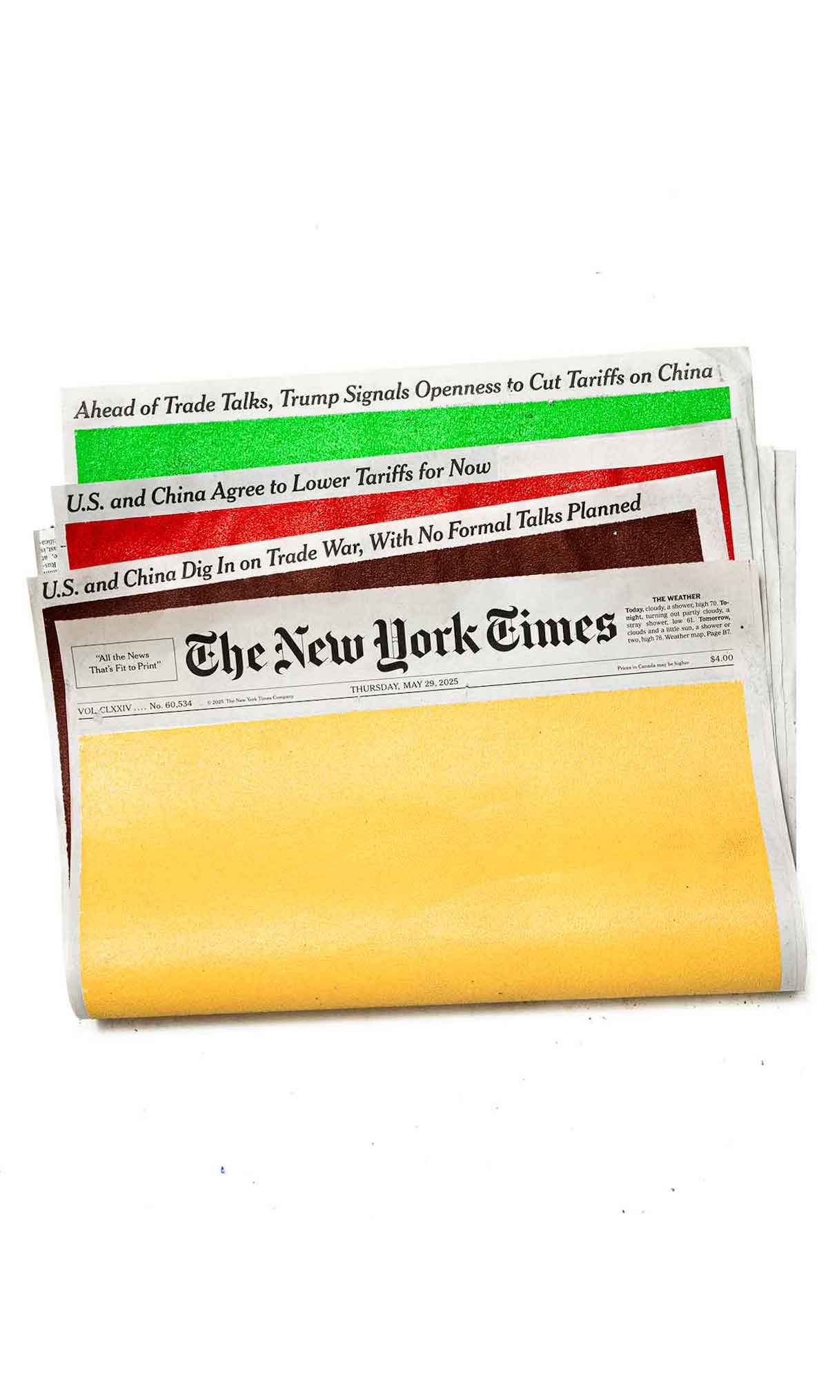 Stack of NYT newspapers with Sho Shibuya’s work on their front pages.