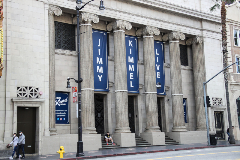 El Capitan Theatre facade showing Jimmy Kimmel Live banners