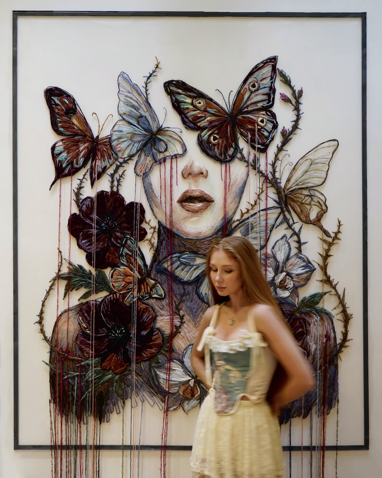 Butterfly and Flower Embroidery on Tulle by Kathrin Marchenko