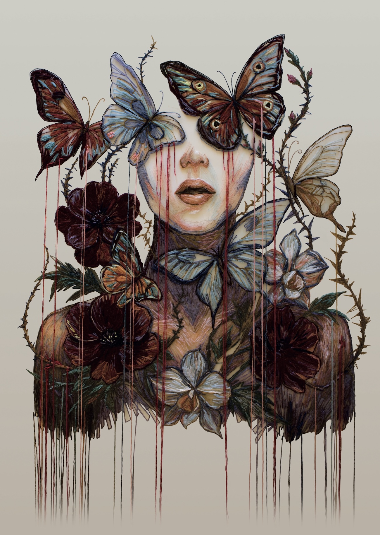 Butterfly and Flower Embroidery on Tulle by Kathrin Marchenko