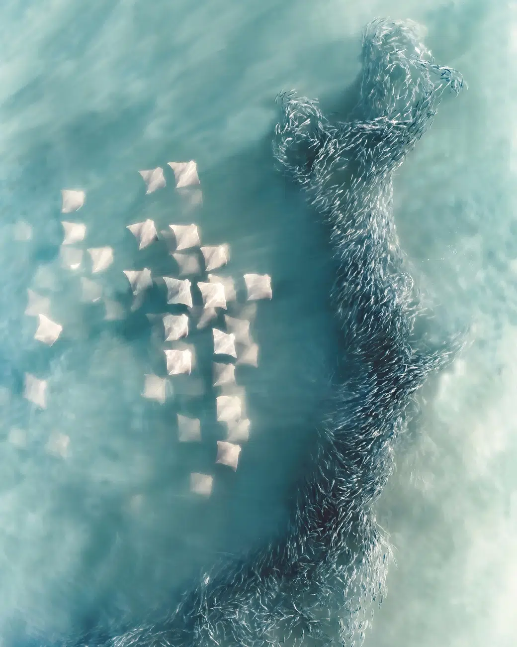 This is a top-down drone capture of a fever of cownose rays dividing a school of menhaden fish