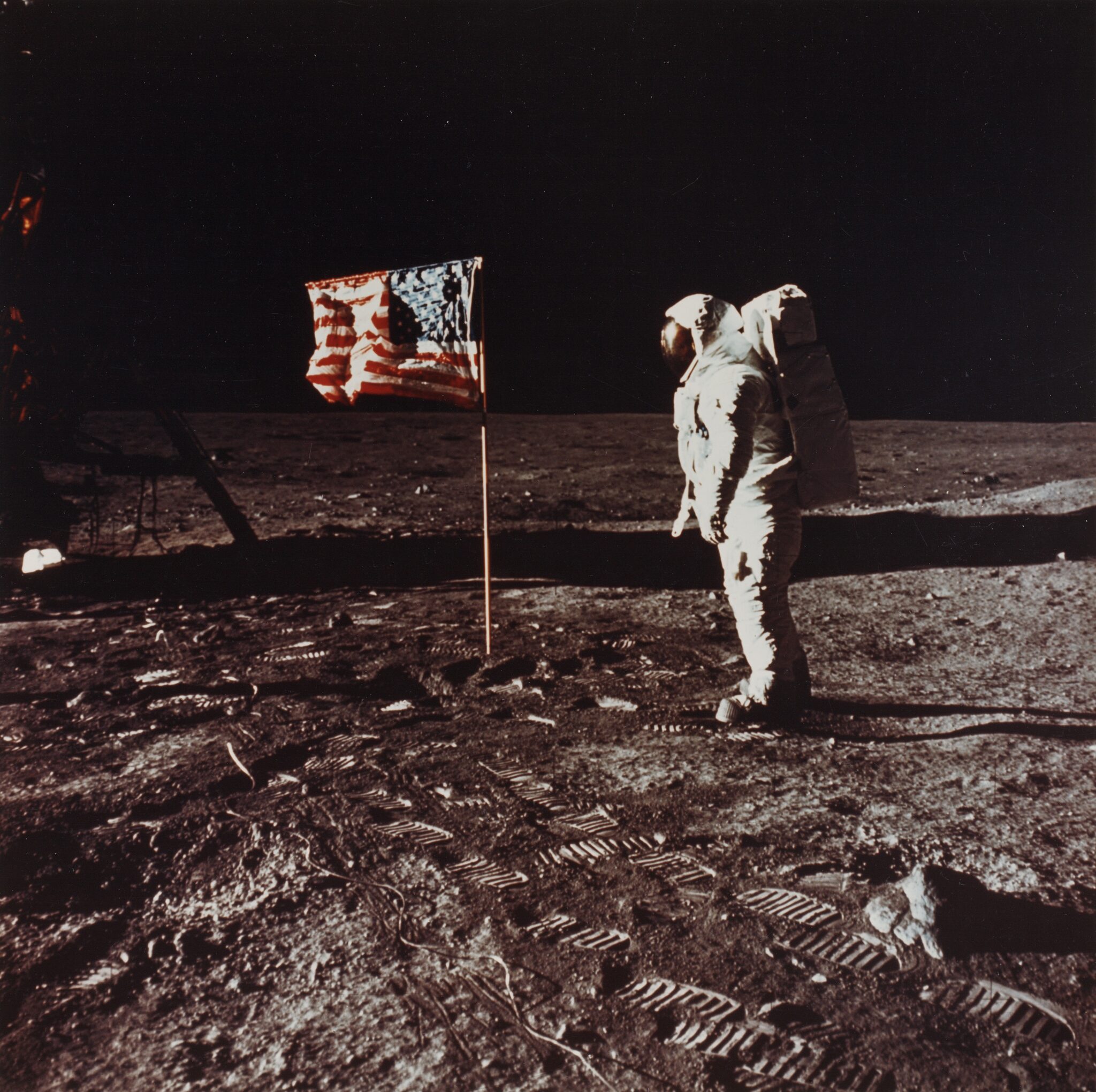 Neil Armstrong, 1969. Astronaut Edwin ‘Buzz’ Aldrin poses by the U.S. flag on the moon’s Sea of Tranquility.