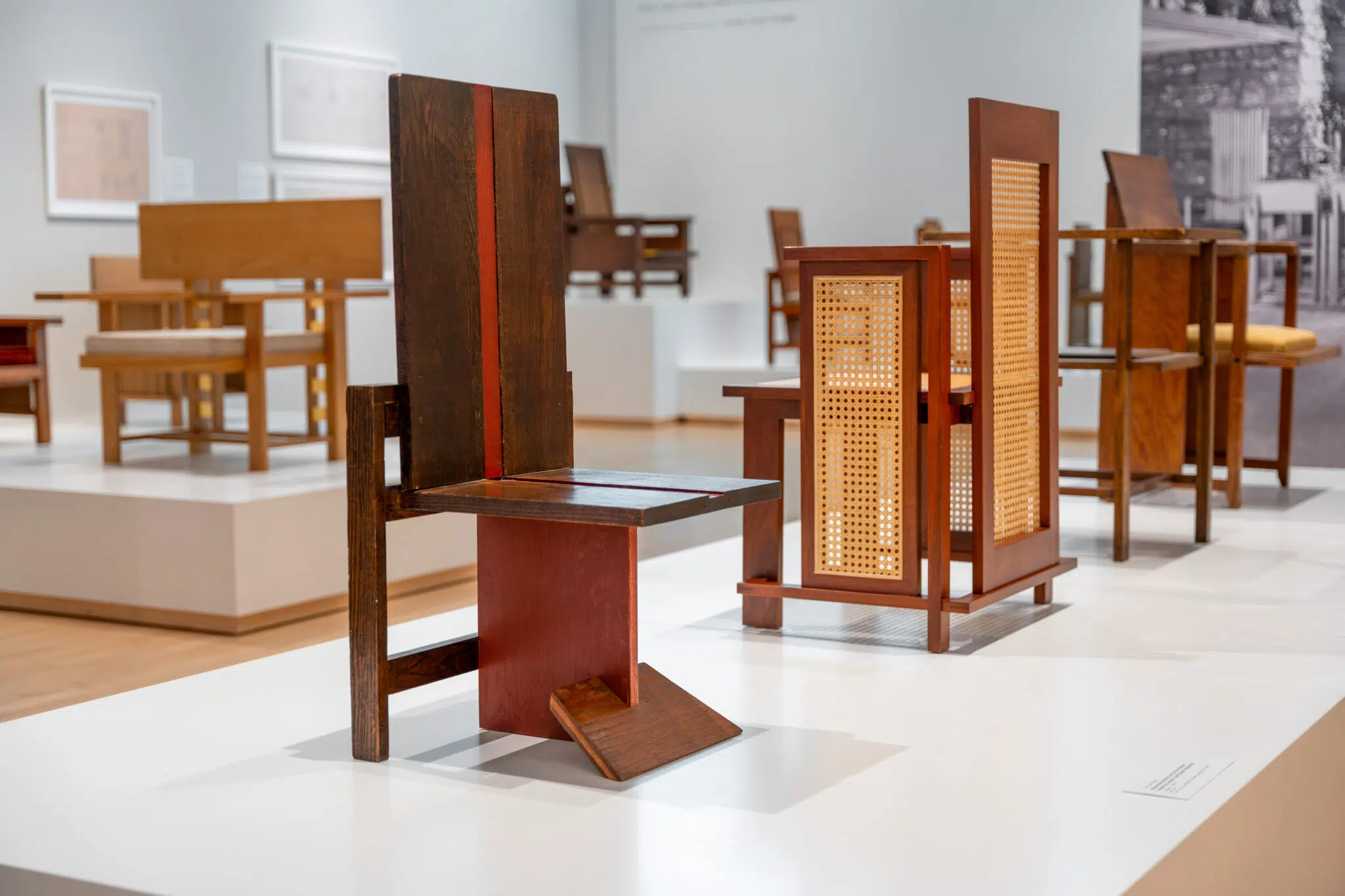 Installation view of “Frank Lloyd Wright: Modern Chair Design,” now open at the Museum of Wisconsin Art.