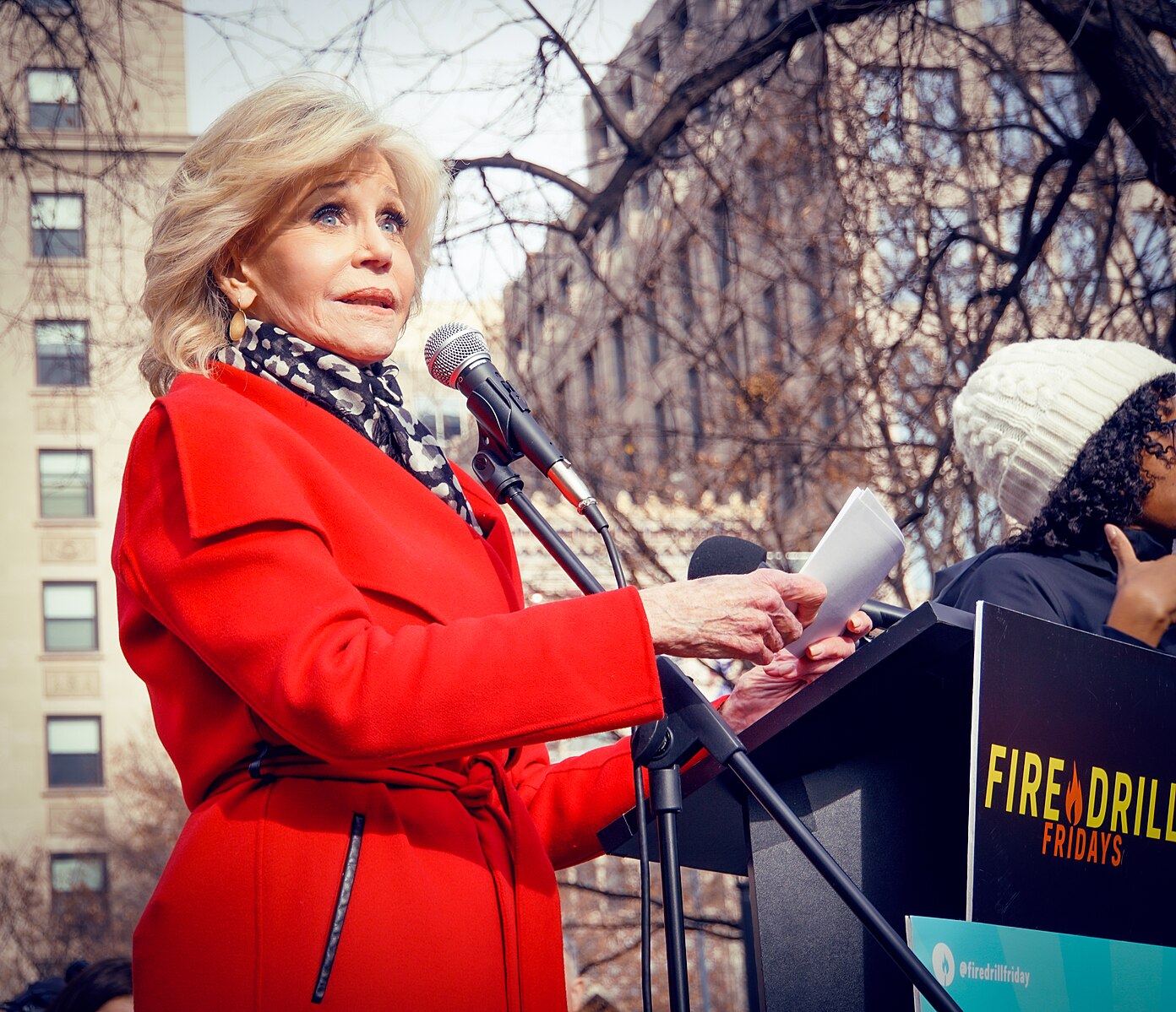 Jane Fonda speaking at an environmental rally in Washington, D.C., 2019.