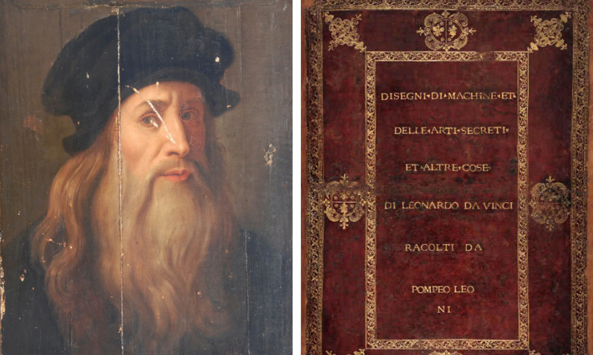 Self-Portrait of Leonardo da Vinci (l.) || Cover of the Codex Atlanticus (r.).