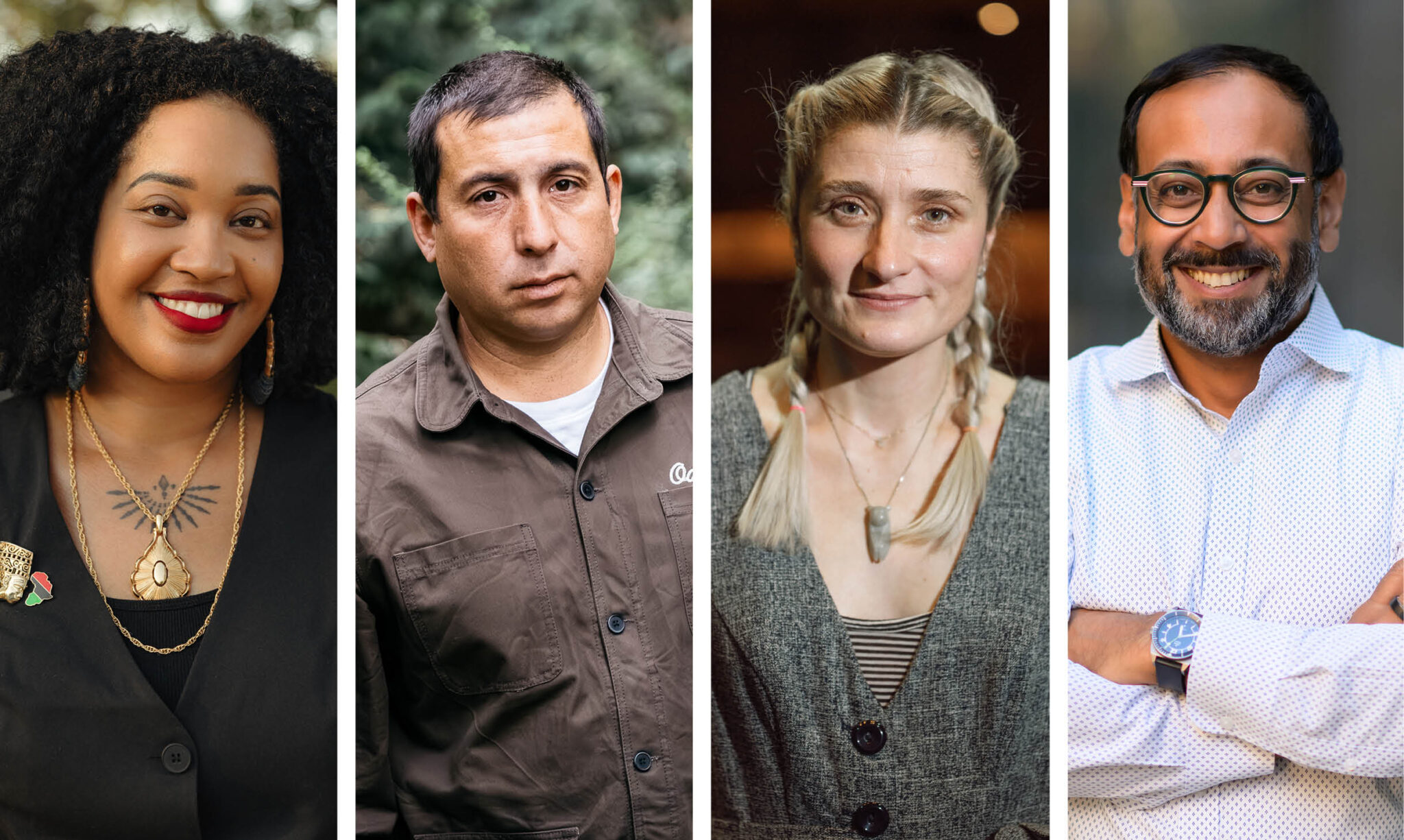 (from l.) Photographer and social justice artist Tonika Lewis Johnson; fiction writer Tommy Orange; composer, lyricist, playwright, and vocalist Heather Christian; and epidemiologist Nabarun Dasgupta.