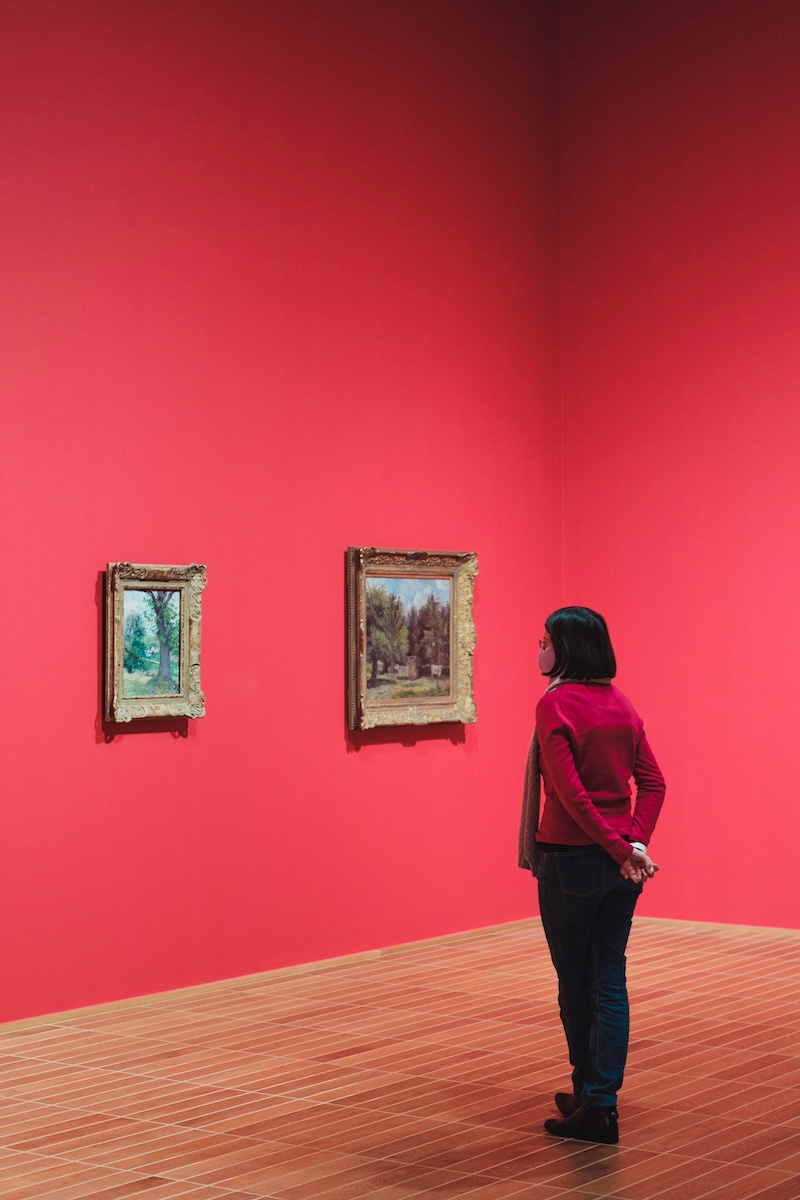 Woman at an art gallery looking at a painting on a red wall
