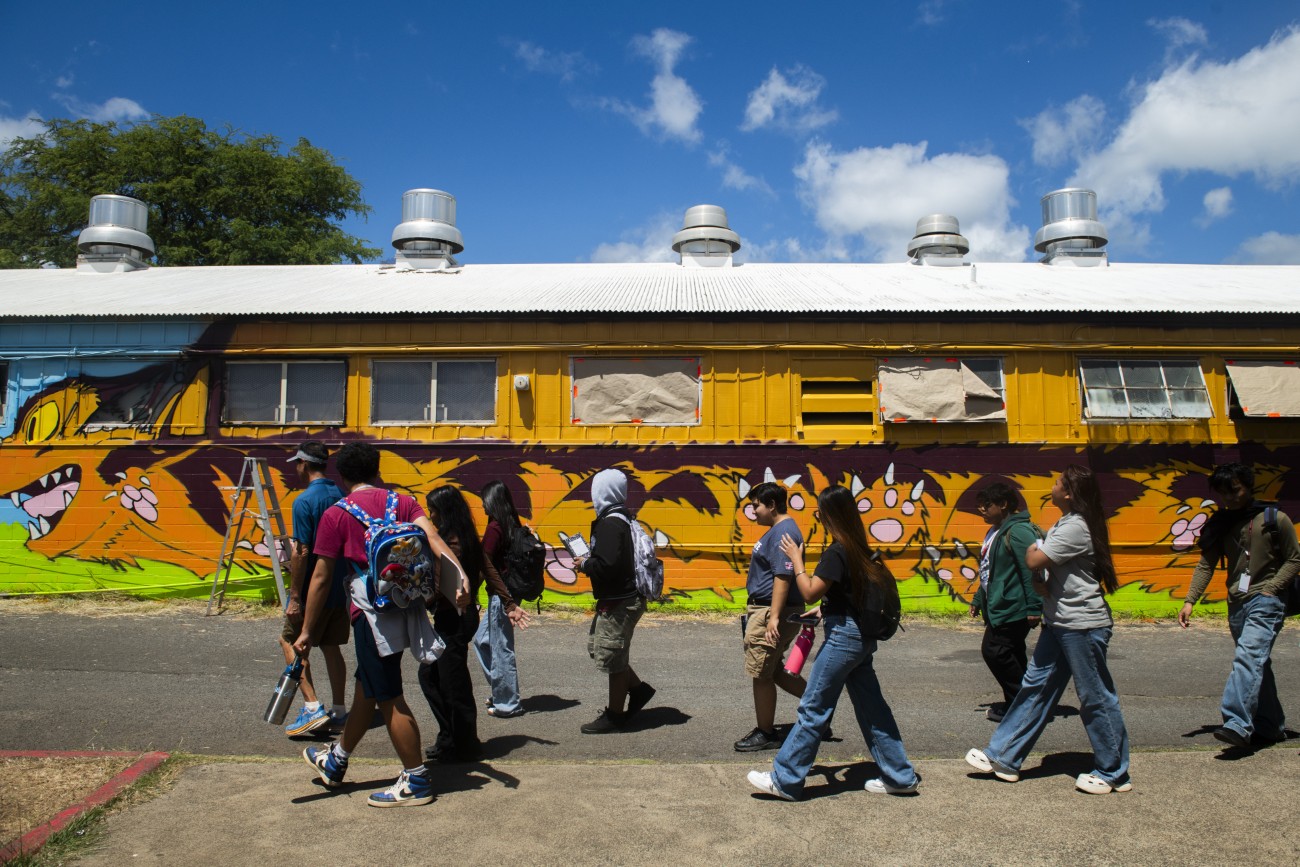 Kids walking in front of mural in Farrington High School in Hawaii