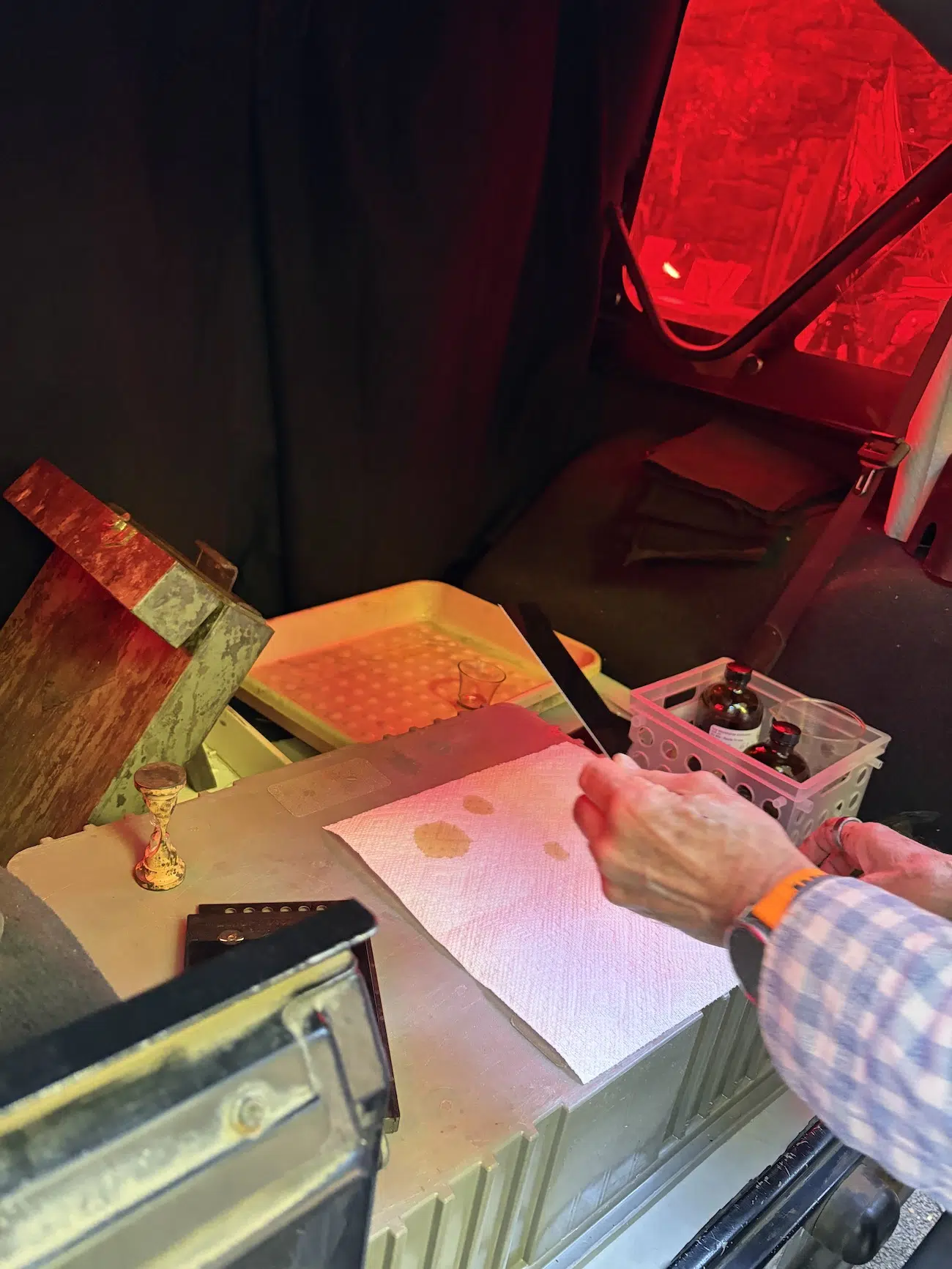 A shot of Michael Mazzeo’s darkroom, staged inside his jeep.