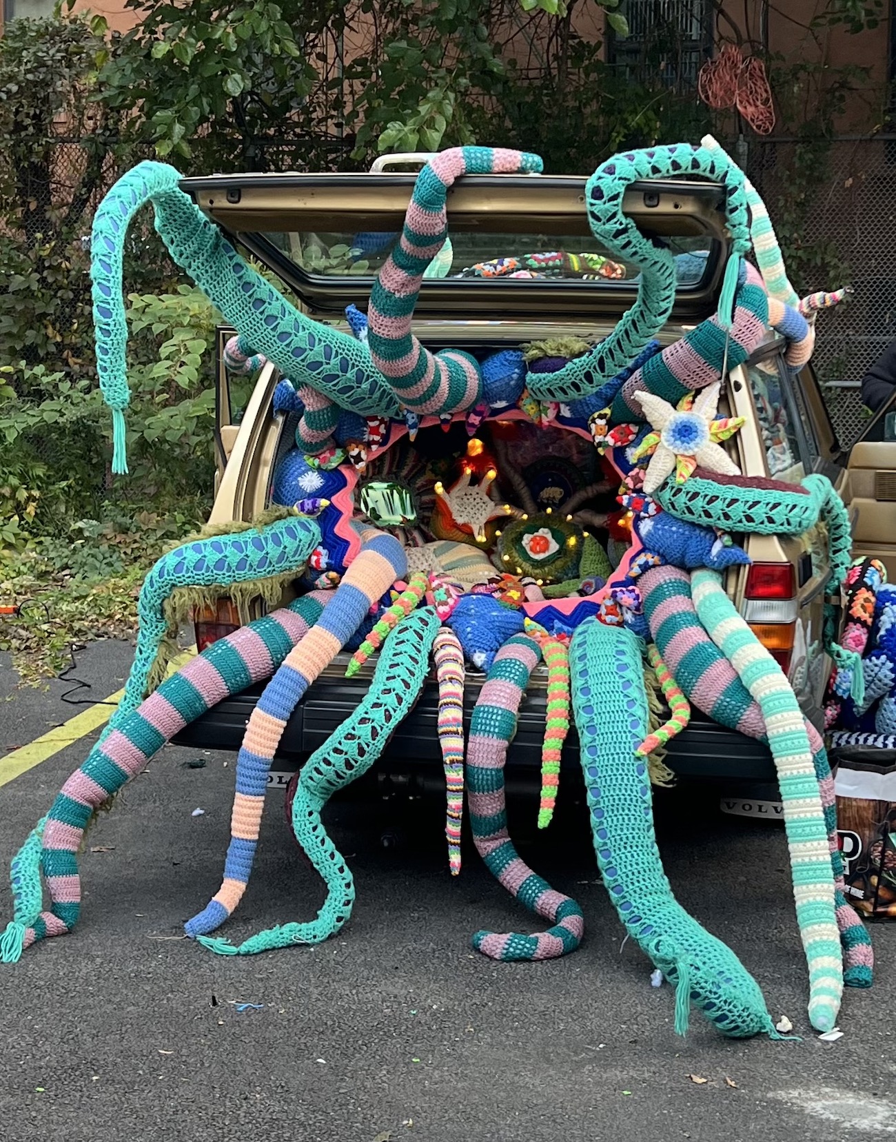 Jelia Gueramian’s installation inside a trunk, photographed during the day.