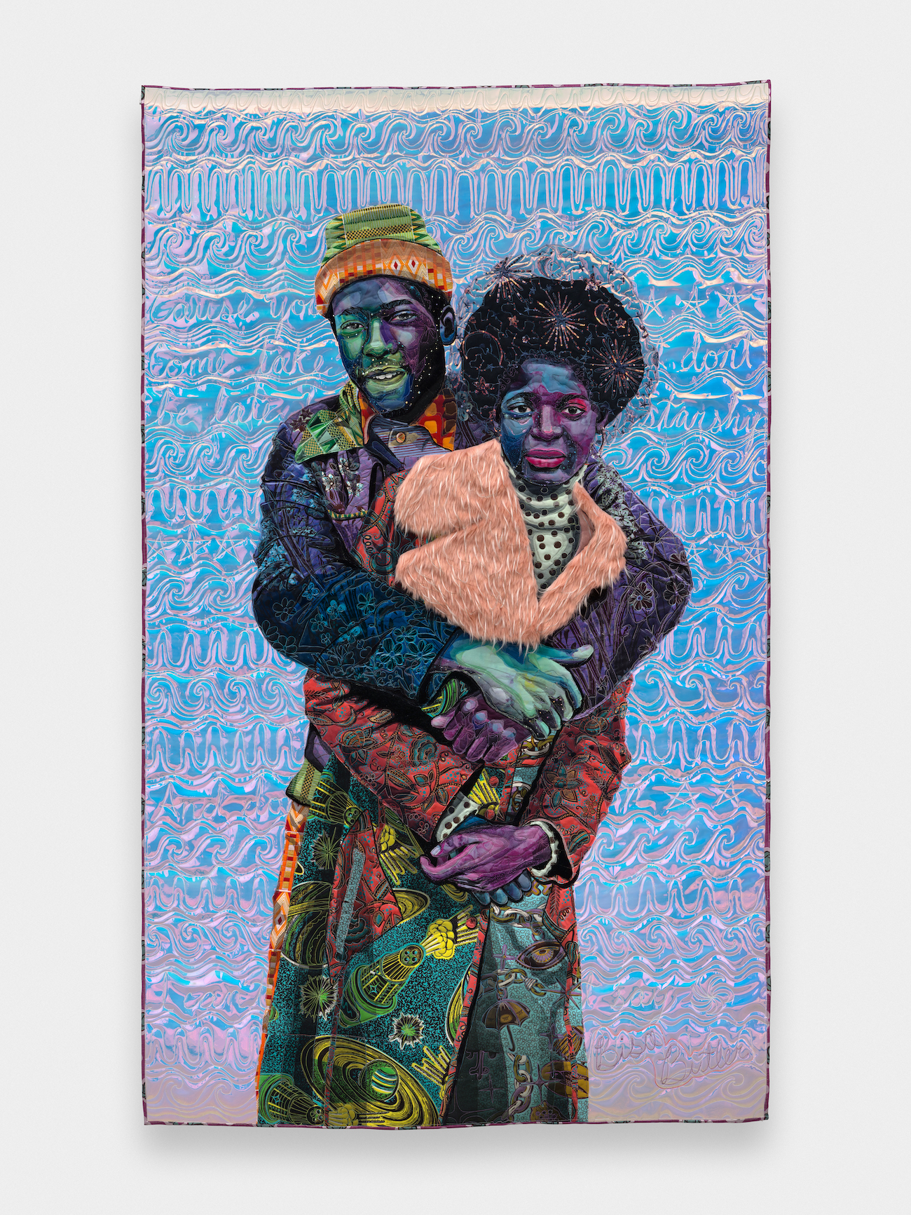 “Hold Me Close (My Starship),” 2025, after “Untitled,” 1974, by Steve Edson. Cotton, silk, lace, sequins, netting, vinyl, faux fur, and velvet, quilted and appliquéd. (Photo: Mark Woods, courtesy of the artist and Jeffrey Deitch)