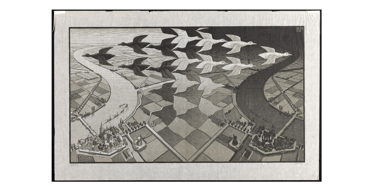“Day and Night,” 1938. (Courtesy the M.C. Escher Company B.V.)