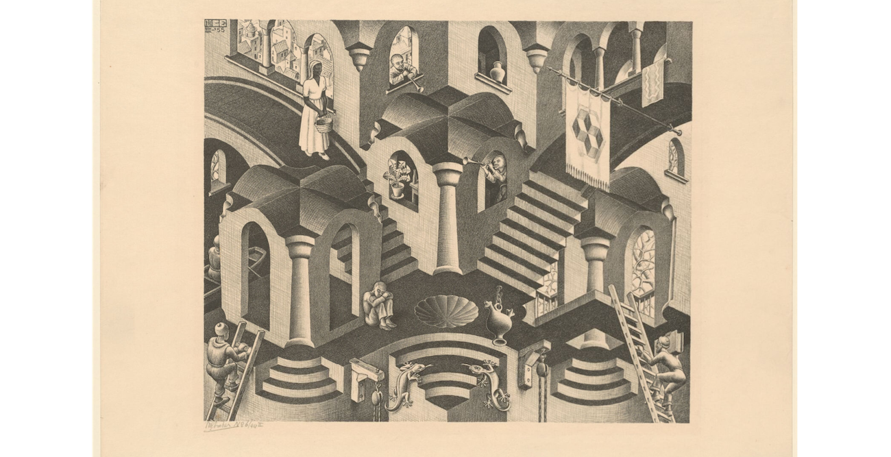 “Convex and Concave,” 1955. (Courtesy the M.C. Escher Company B.V.)