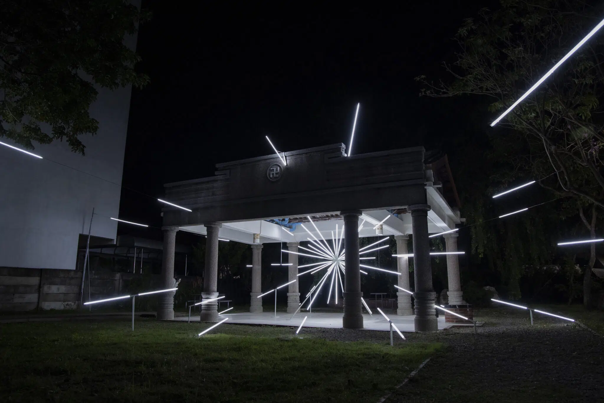 Jun Ong, “Halo,” 2024. Ong, a Malaysian light artist, created a site-specific sculpture within a 100-year-old former Buddhist temple in Tainan, Taiwan.
