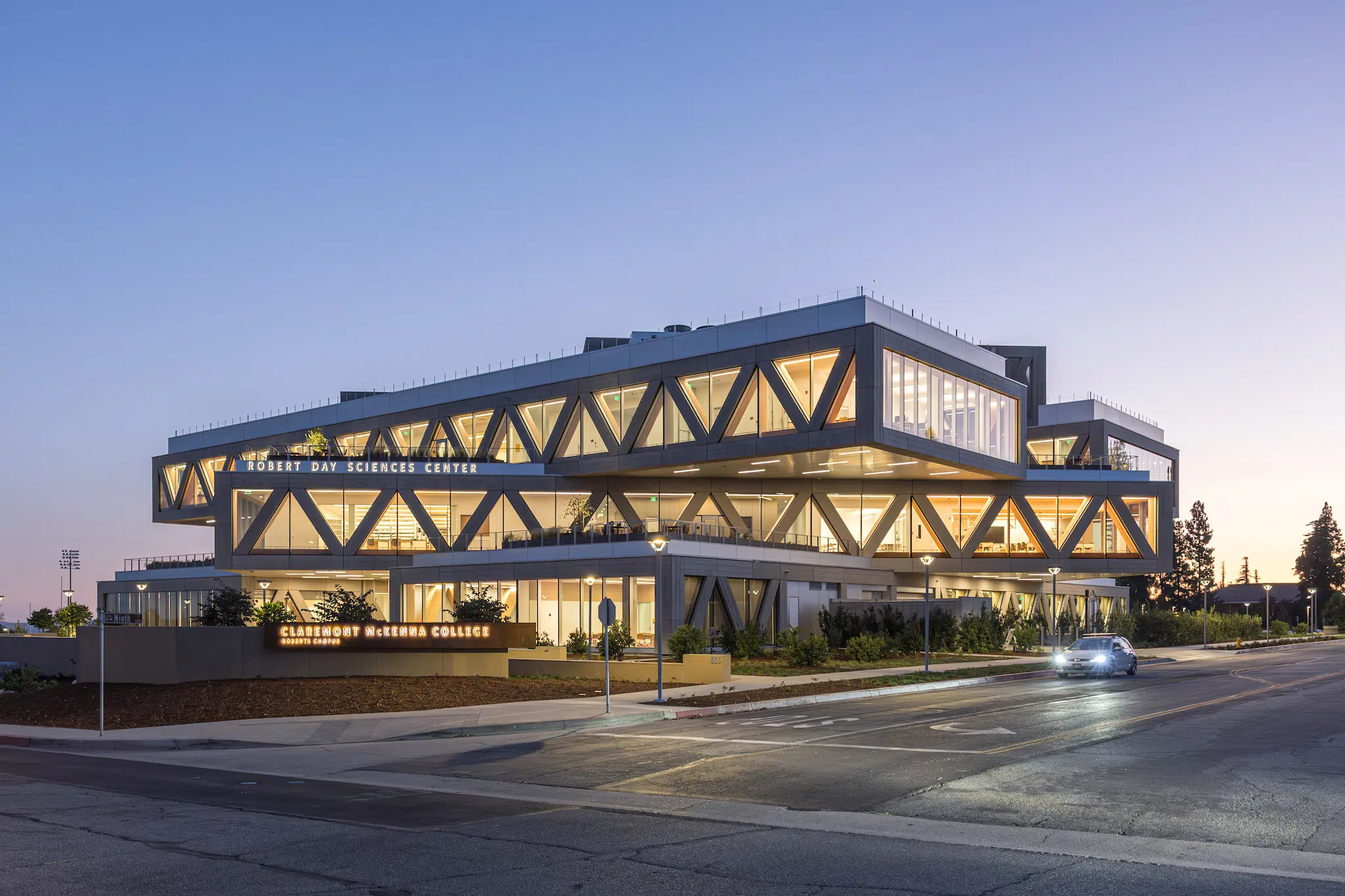 Exterior shot of the Claremont McKenna Robert Day Sciences Center, designed by Bjarke Ingels