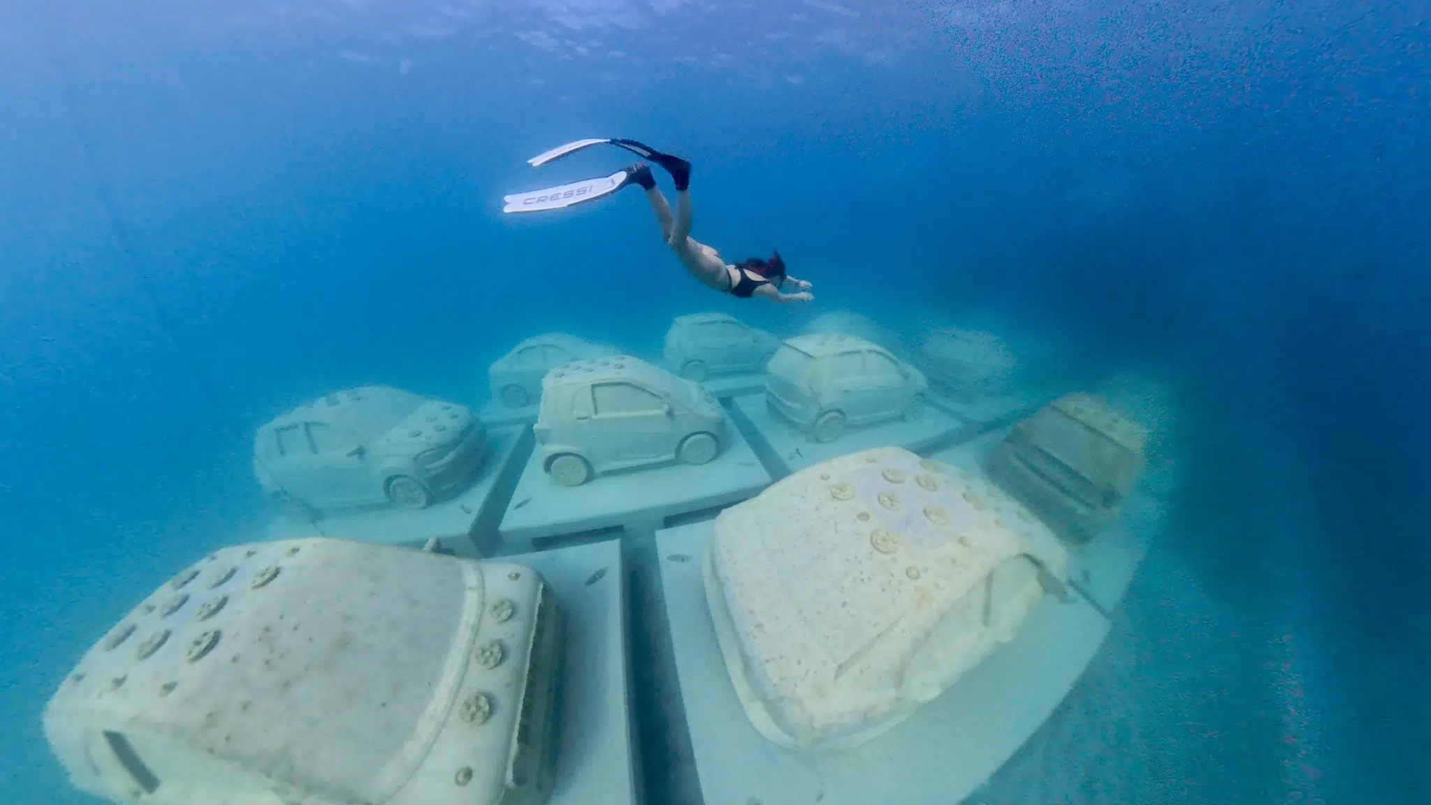 &ldquo;Concrete Coral,&rdquo; 2025, subaquatic installation featuring 22 concrete cars