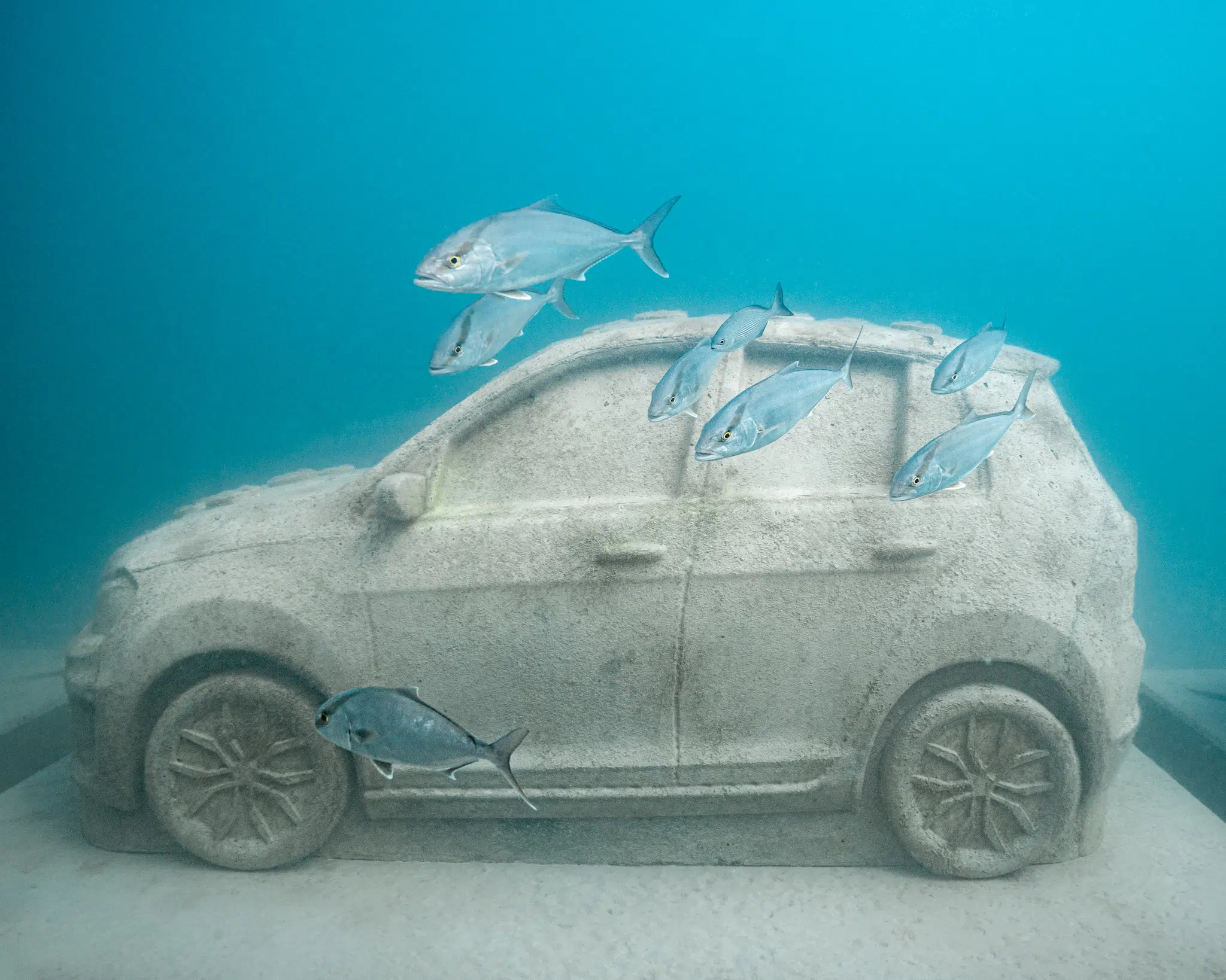 &ldquo;Concrete Coral,&rdquo; 2025, subaquatic installation featuring 22 concrete cars