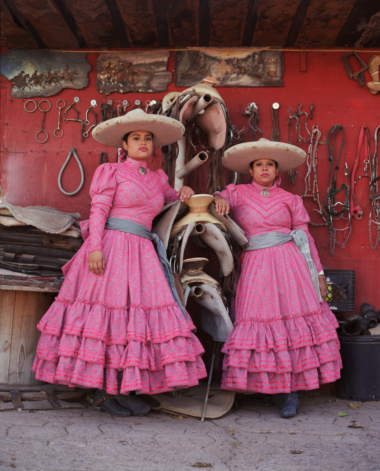 Mexican female horse riders in traditional attire for Escaramuza