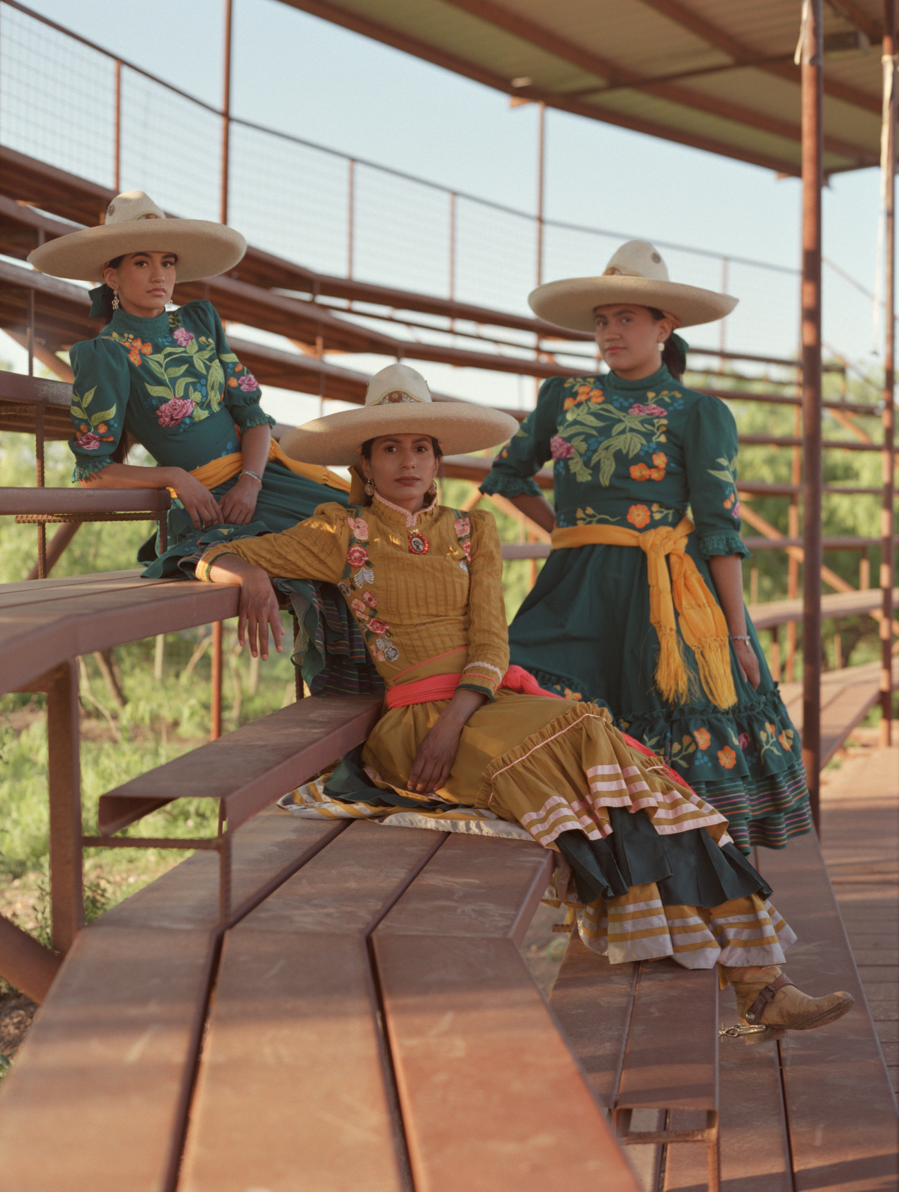 Mexican female horse riders in traditional attire for Escaramuza