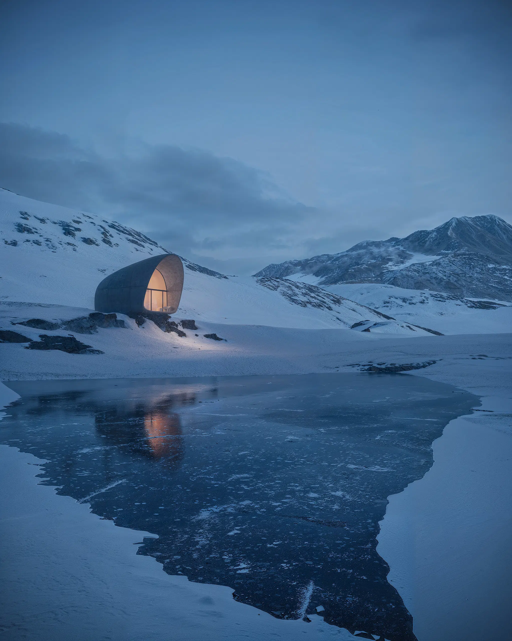 Exterior visualization of the AltiHut Cottage in the Georgian mountains, designed by STIPFOLD