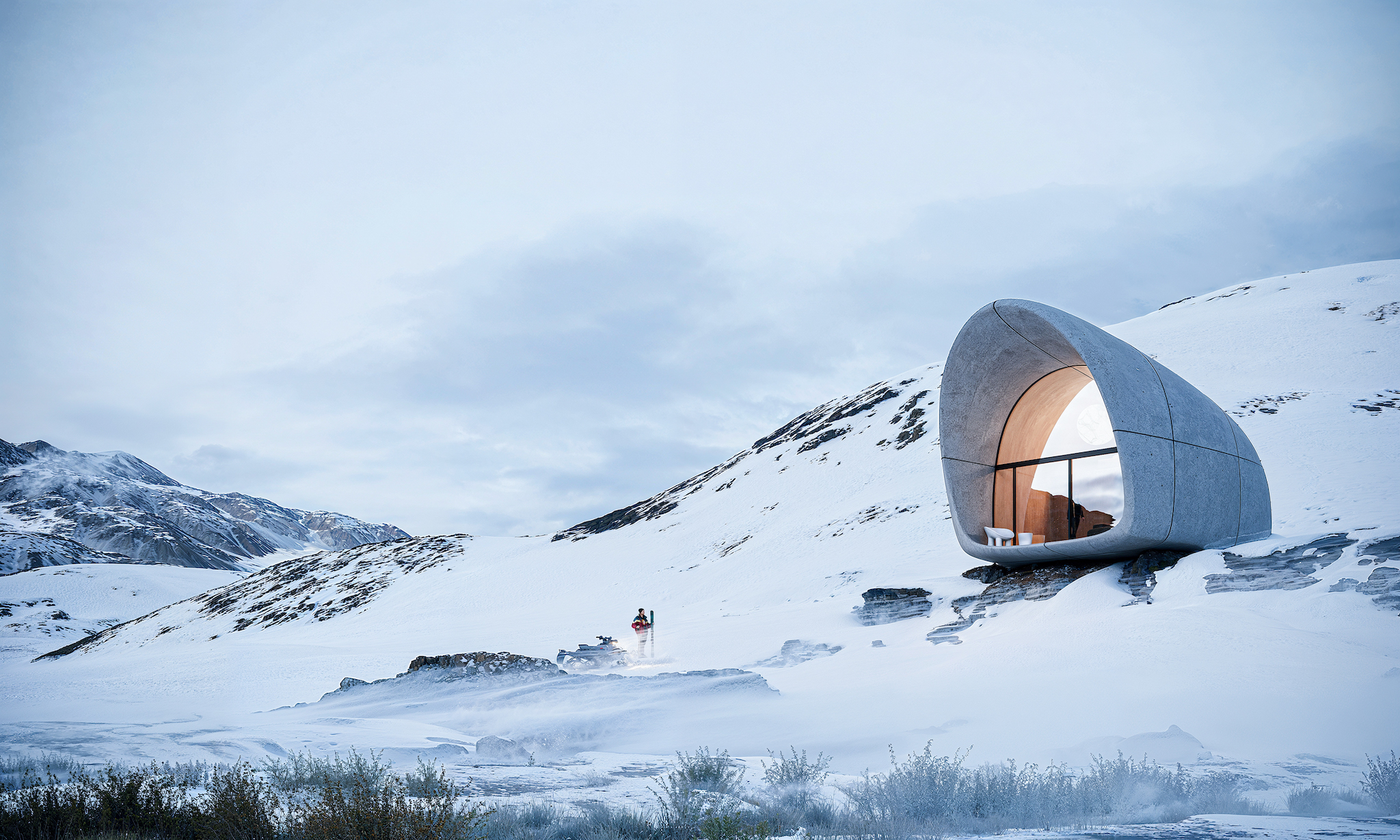 Exterior visualization of the AltiHut Cottage in the Georgian mountains, designed by STIPFOLD