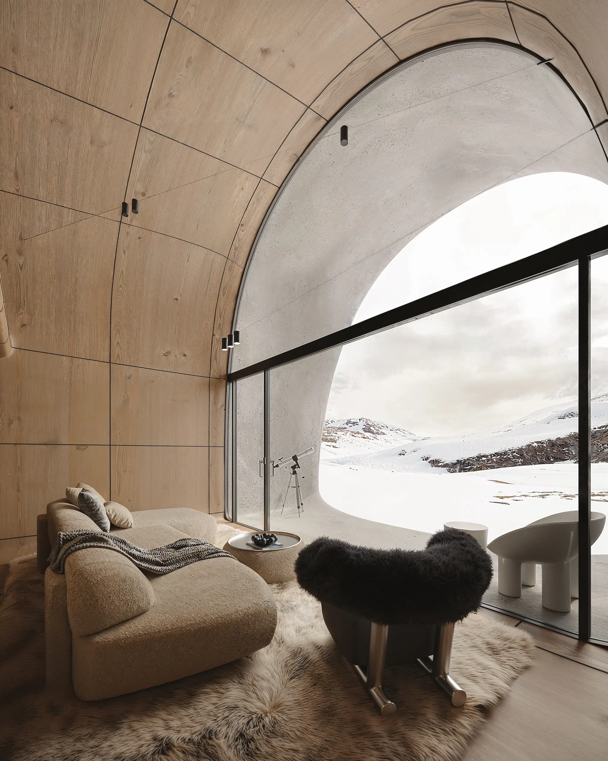 Interior visualization of the AltiHut Cottage in the Georgian mountains, designed by STIPFOLD