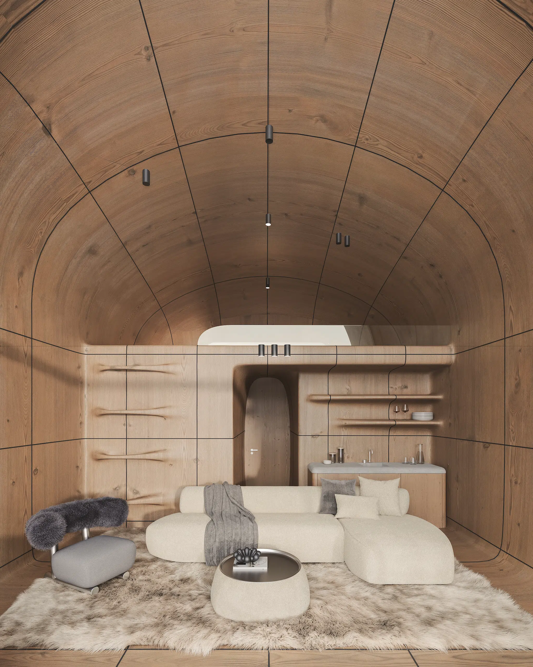 Interior visualization of the AltiHut Cottage in the Georgian mountains, designed by STIPFOLD