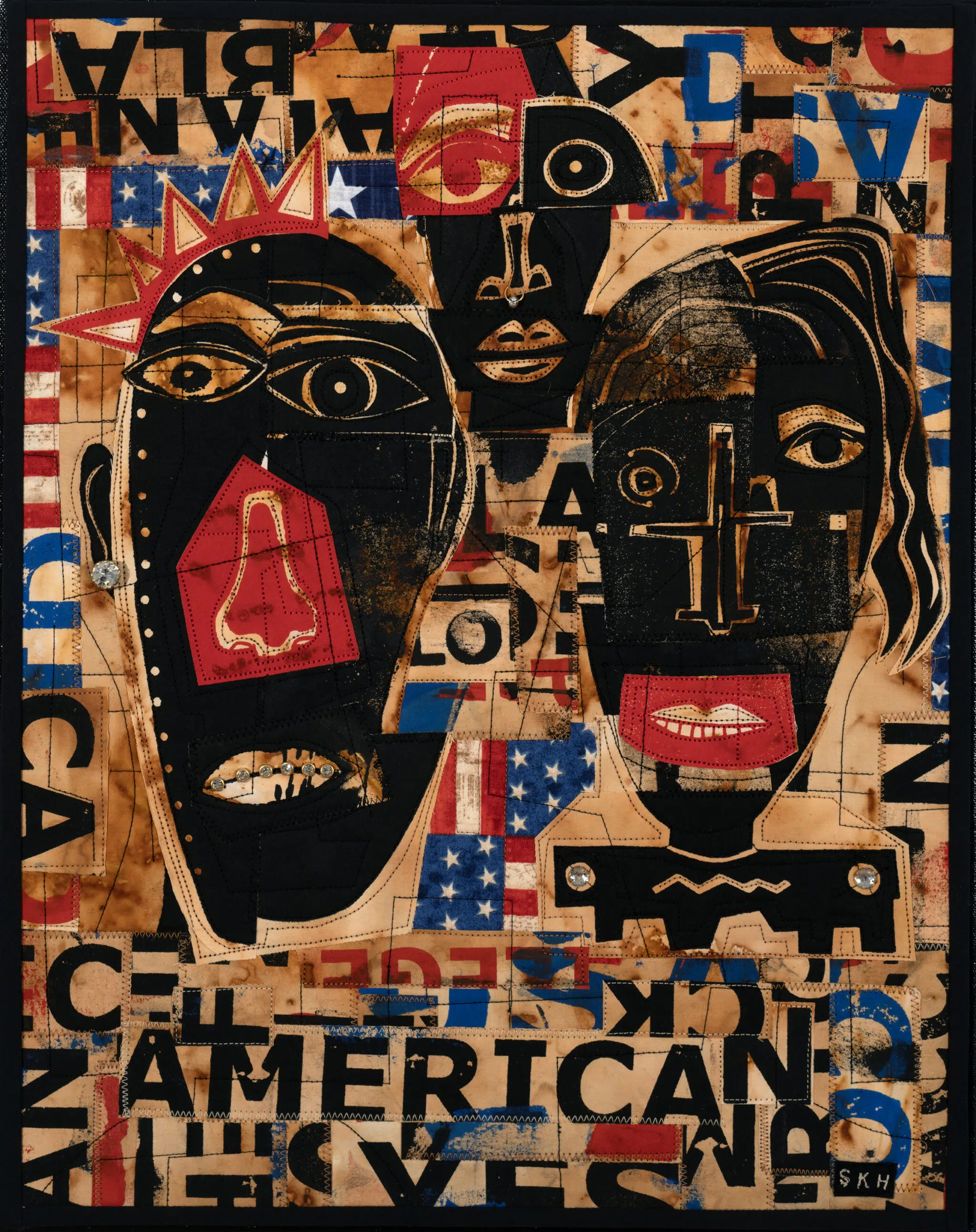 Sharon Kerry-Harlan, &lsquo;African American Gothic,&rsquo; 2025, acrylic paint and silk screens on rusted fabric, incorporating found objects, mounted on a black canvas-wrapped wood frame.