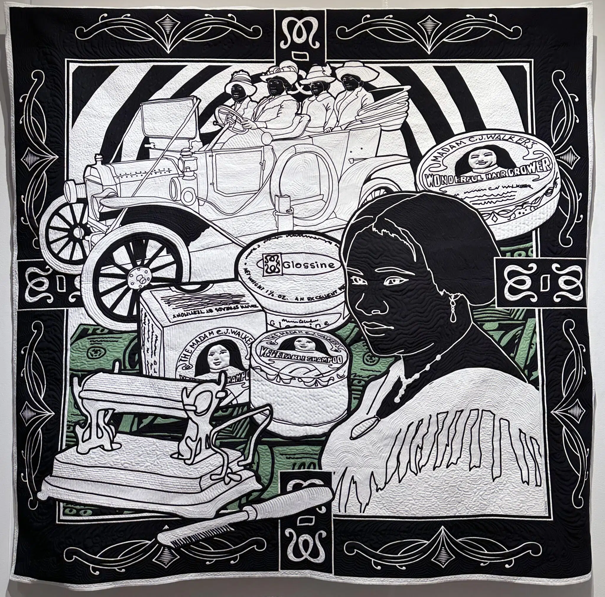 Carolyn Mazloomi, &lsquo;Madame C.J. Walker,&rsquo; 2025, cotton fabric, cotton batt, poly-cotton thread, India ink; printed, stenciled, hand painting, machine quilted.