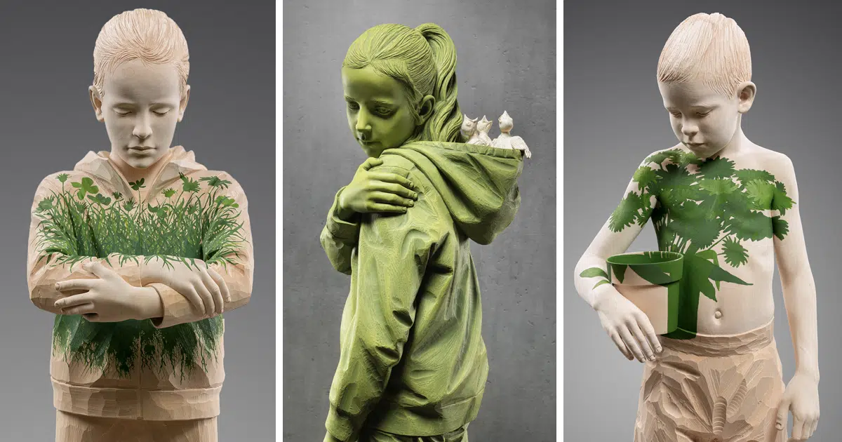 Wooden Figurative Sculptures Explore Contrasts in How Nature and Humankind Exist as One