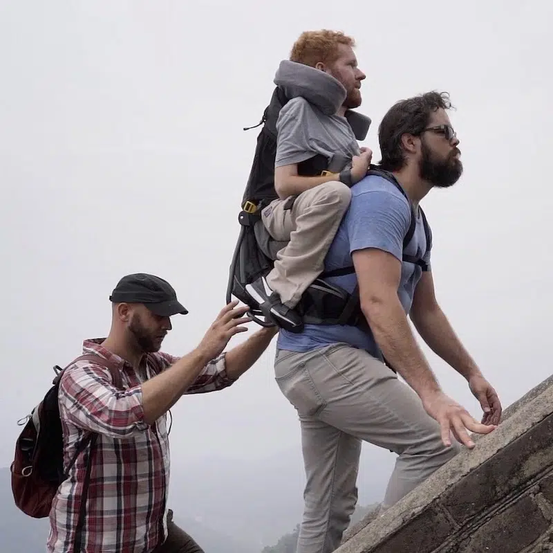 Kevan Chandler in Backpack with Friends at Great Wall