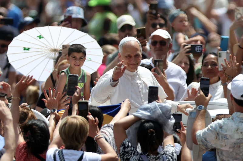 Vatican City, Italy June 15, 2025: Pope Leo XIV on the popemobile greets the faithful after celebrating the Holy Mass on Sunday - Jubilee of Sport in St. Peter's Basilica.