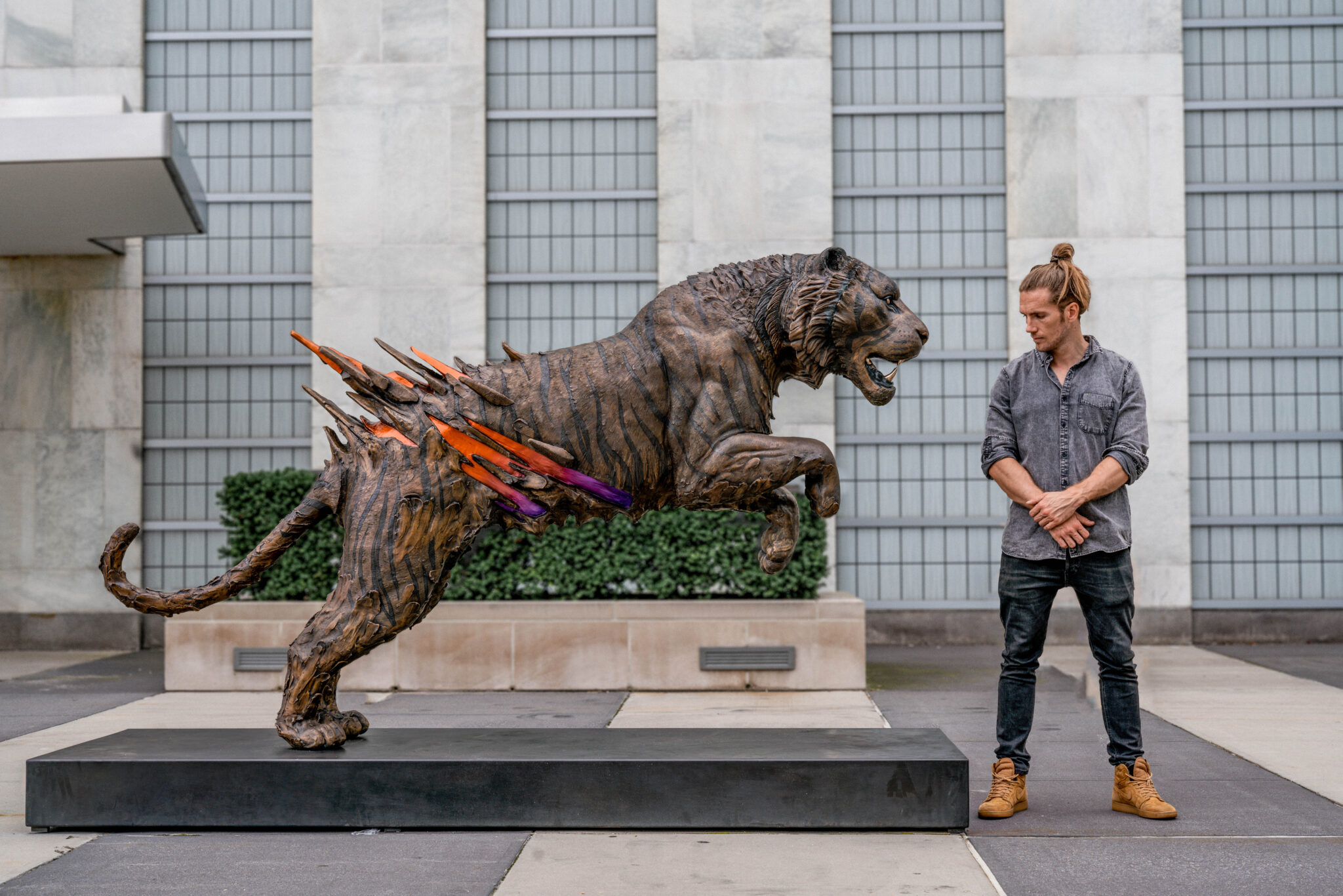 The artist beside his &lsquo;Abhaya&rsquo; installation, 2021