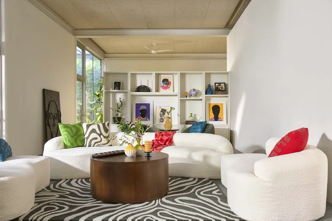 A living room staged with pillows, vases, and other products from the Temi Coker x Walmart collaboration
