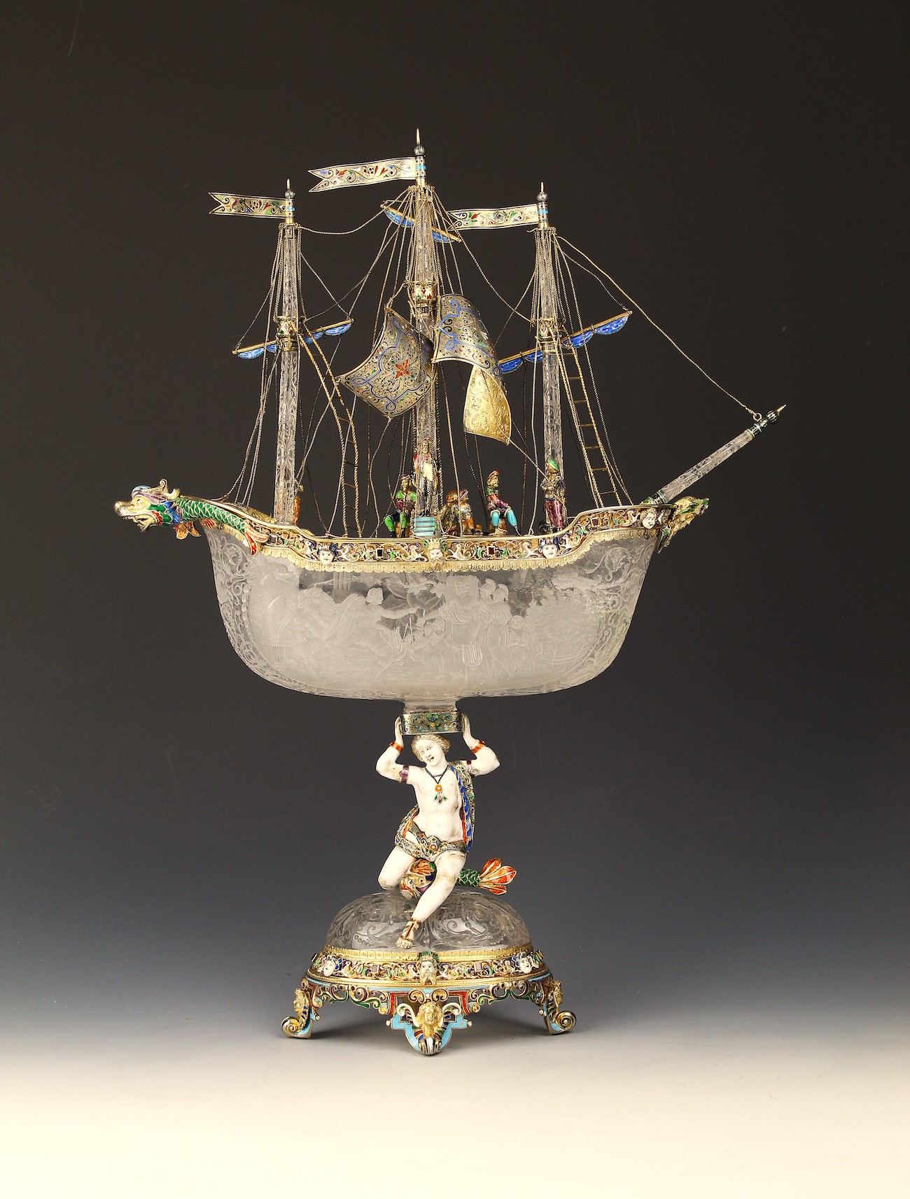 &lsquo;Exceptionally Large Historismus Nef,&rsquo; manufactured by Simon Grunwald, Vienna, ca. 1870-90. Deeply-carved rock crystal, silver-gilt, enamel, and semi-precious stones. (Courtesy European Decorative Arts)