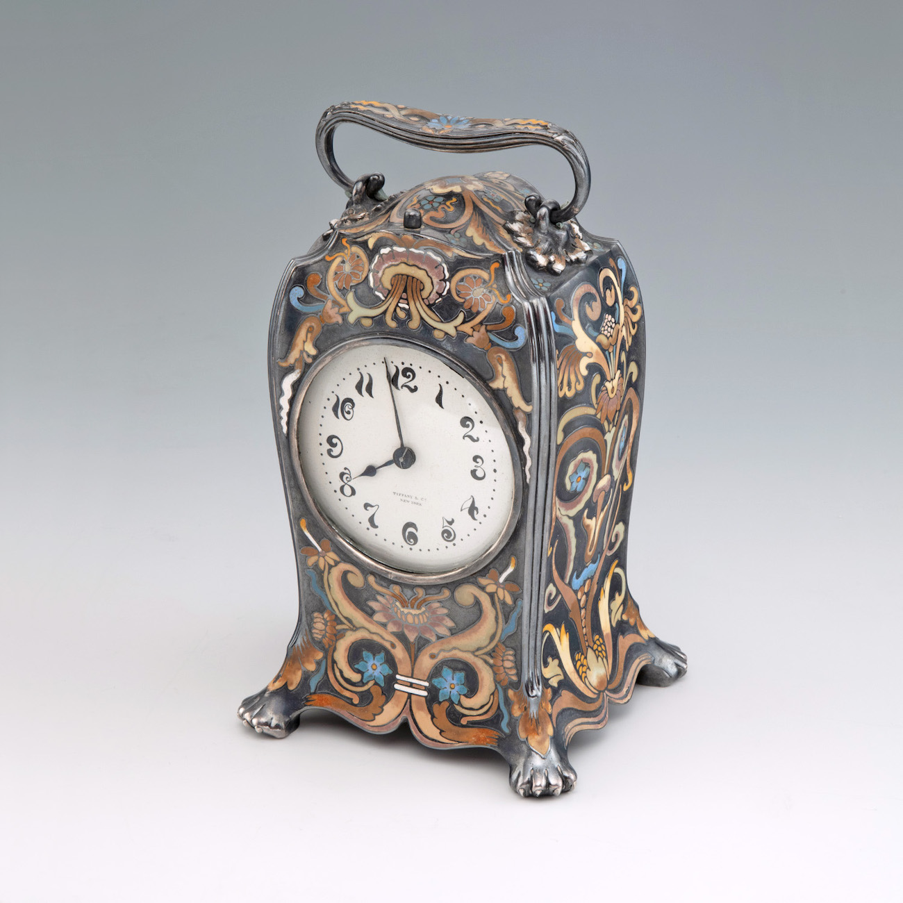 Tiffany & Co., ca. 1885. An American silver and polychrome enamel mantle clock. (Courtesy Shrubsole)