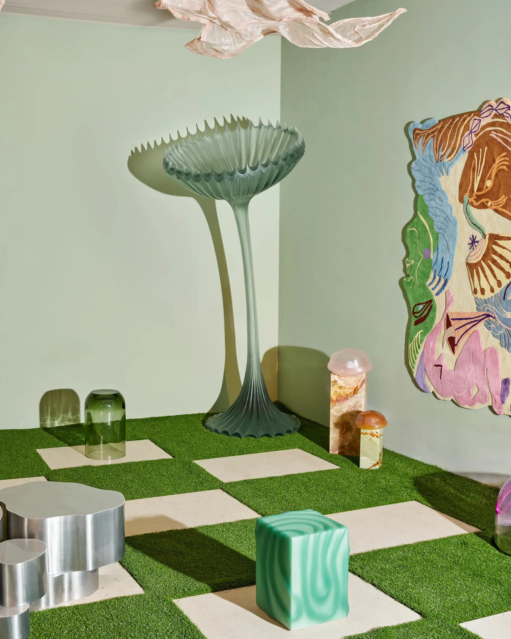 Plant-inspired lamp and chairs featured in Tuleste Factory’s ‘Keep It Curious’ booth at Design Miami 2025