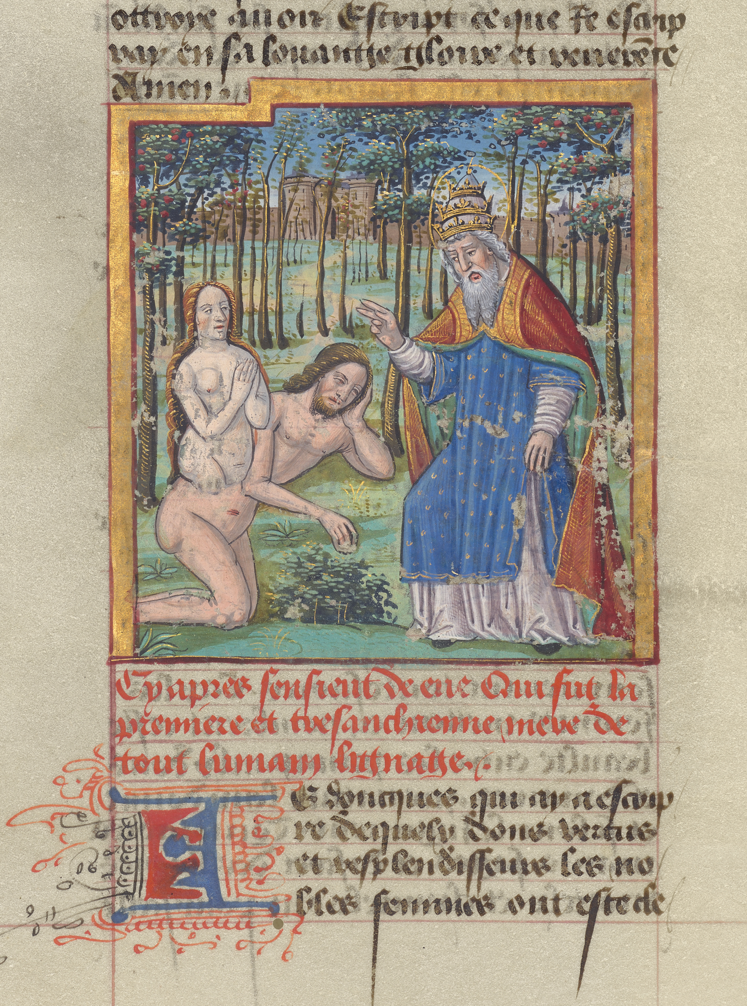 Detail from &ldquo;The Creation of Eve&rdquo; from &ldquo;Concerning Famous Women,&rdquo; written about 1470, illuminated about 1515-20.