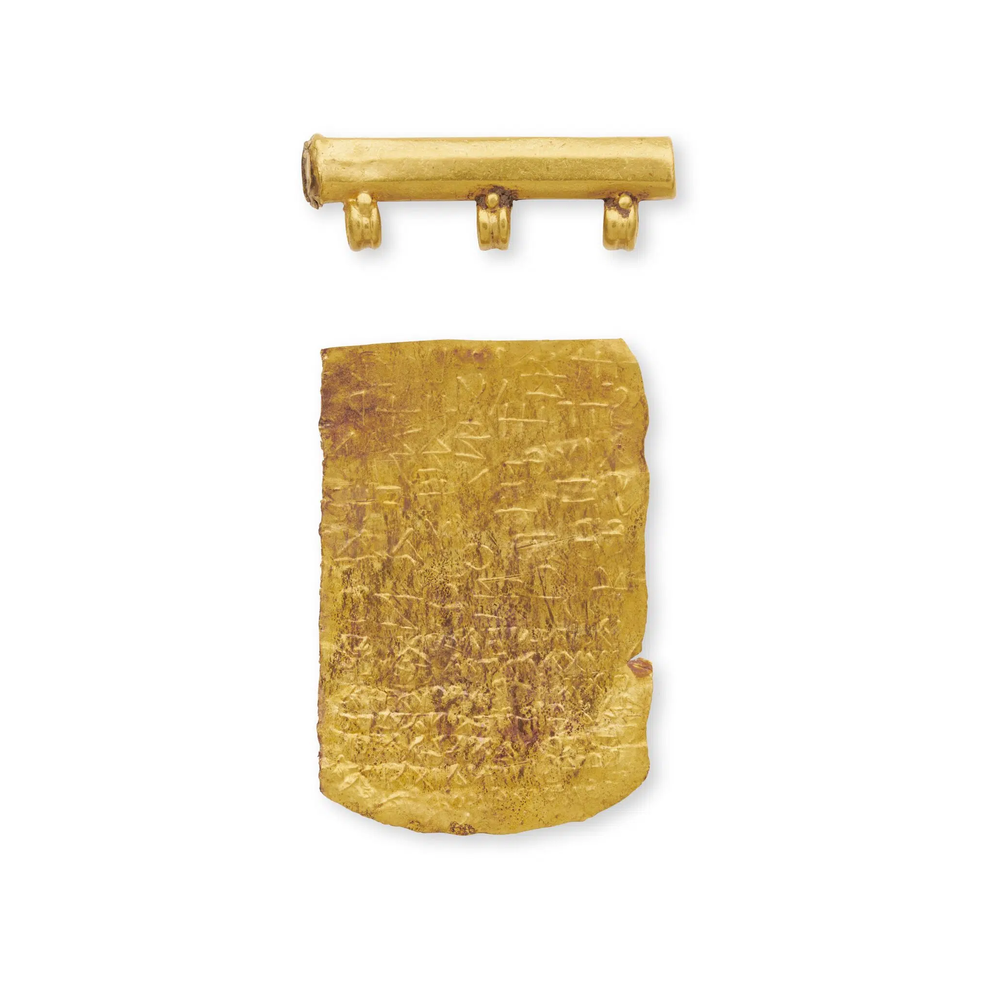 Womb amulet and case. Roman, 1st century CE. Gold.