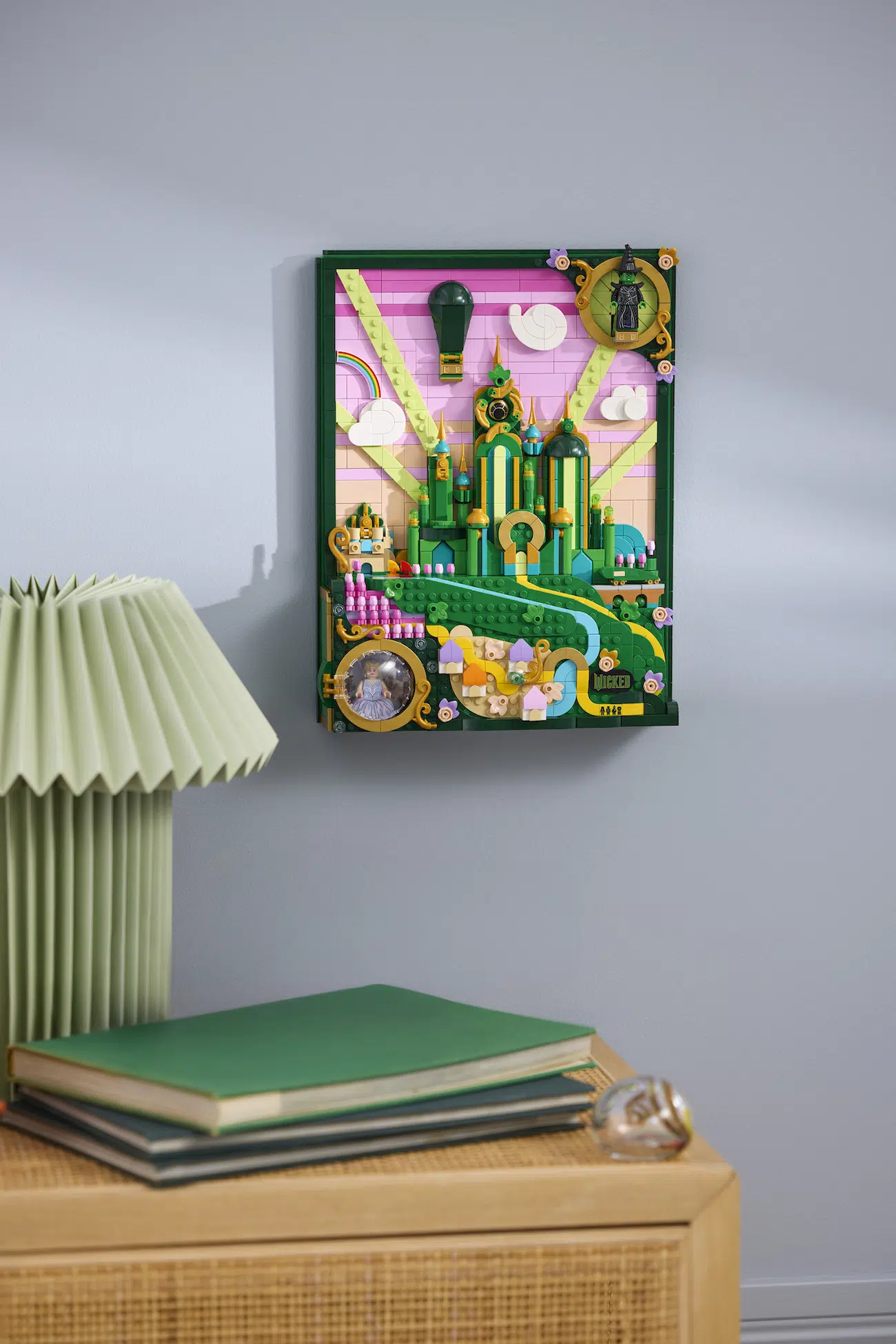 Interior shot of the Emerald City Wall Art LEGO set, hanging on the wall