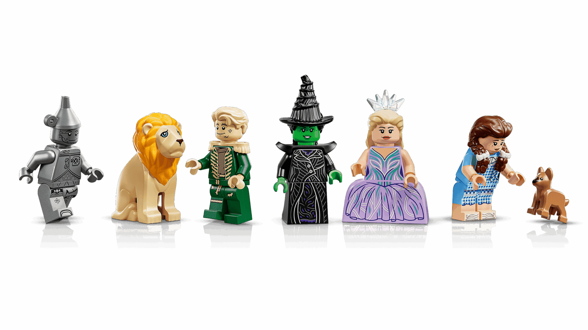 The set includes seven minifigure characters, including Elphaba, Glinda, Dorothy, the Tin Man, Straw Man, Cowardly Lion, and Toto.