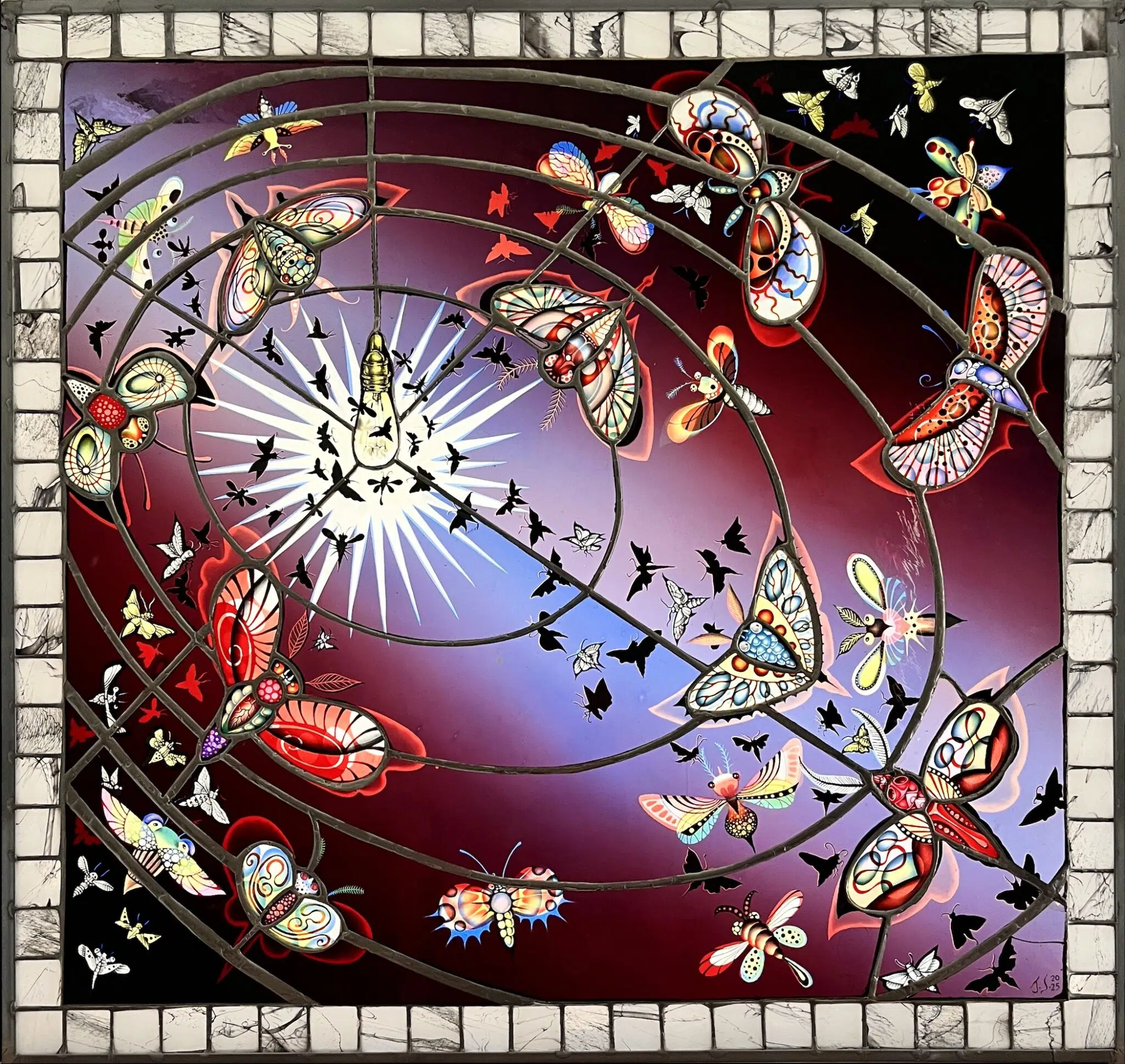 &ldquo;Wondermoths,&rdquo; 2025, stained glass in lightbox.