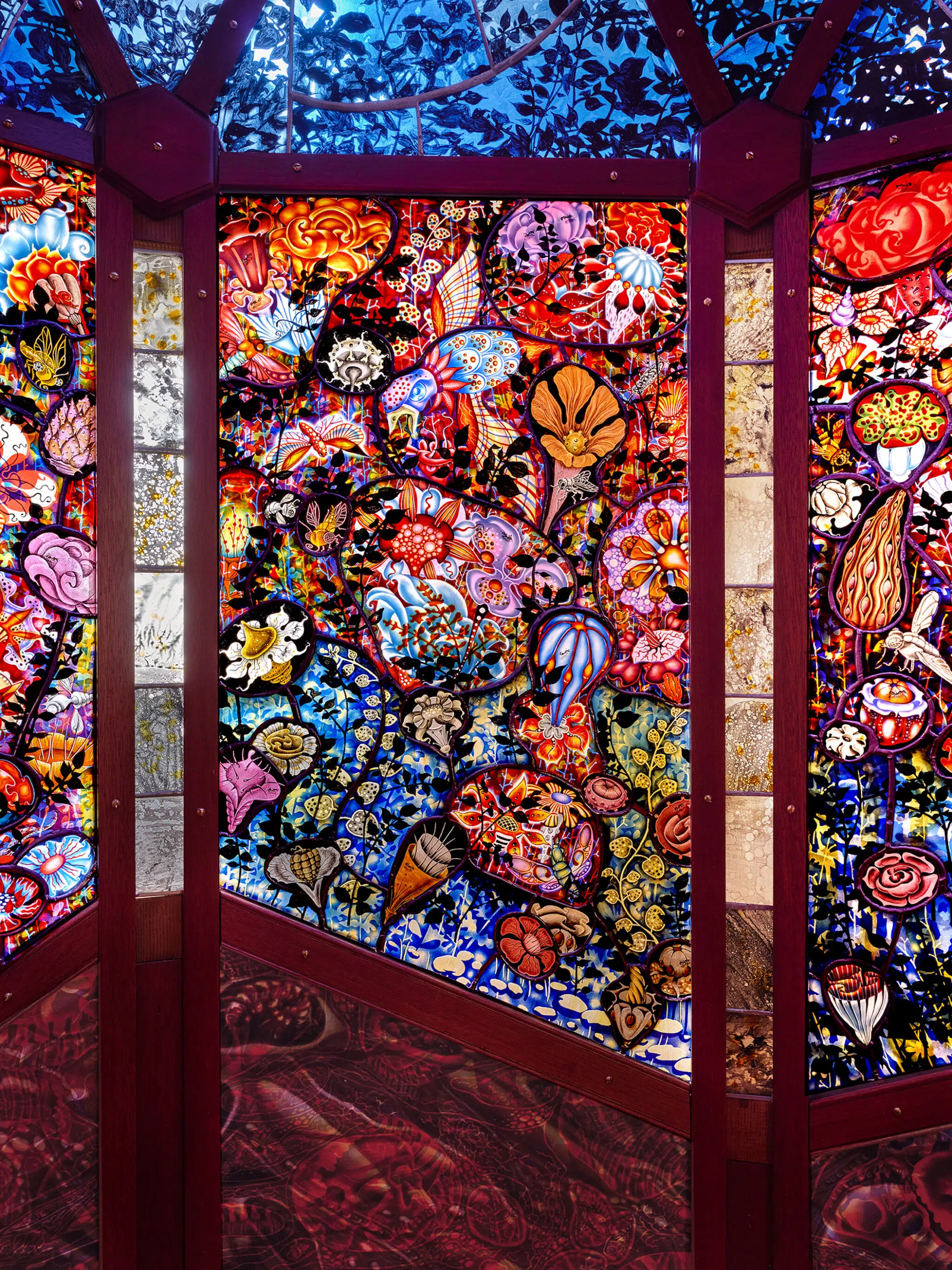 &ldquo;Super/Natural,&rdquo; 2025, stained glass panels and steel and wooden frame.