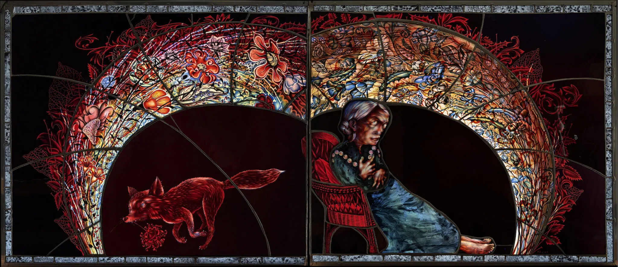 &ldquo;Reynardine,&rdquo; 2026, stained glass panels and steel and wooden frame.