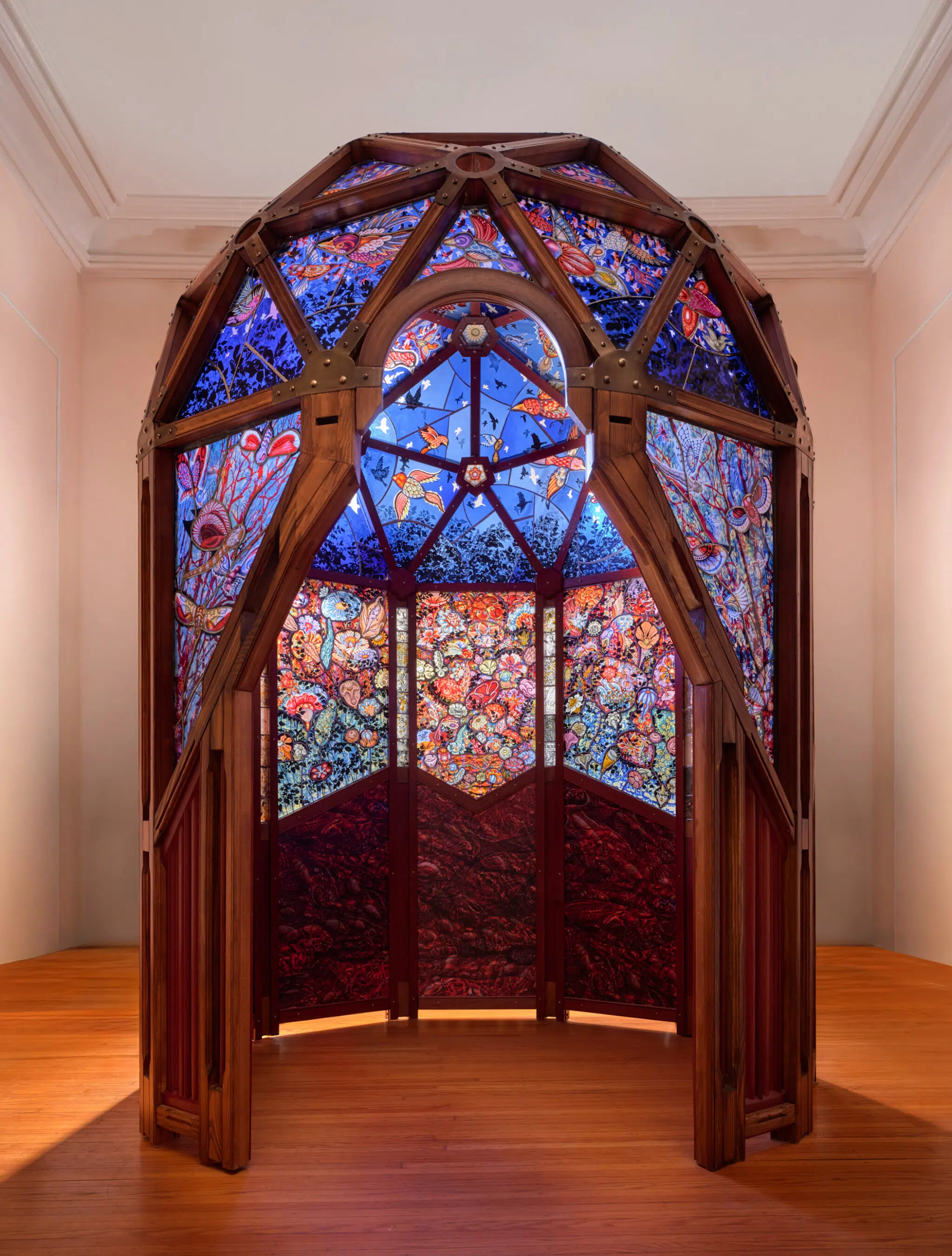 &ldquo;Super/Natural,&rdquo; 2025, stained glass panels and steel and wooden frame.