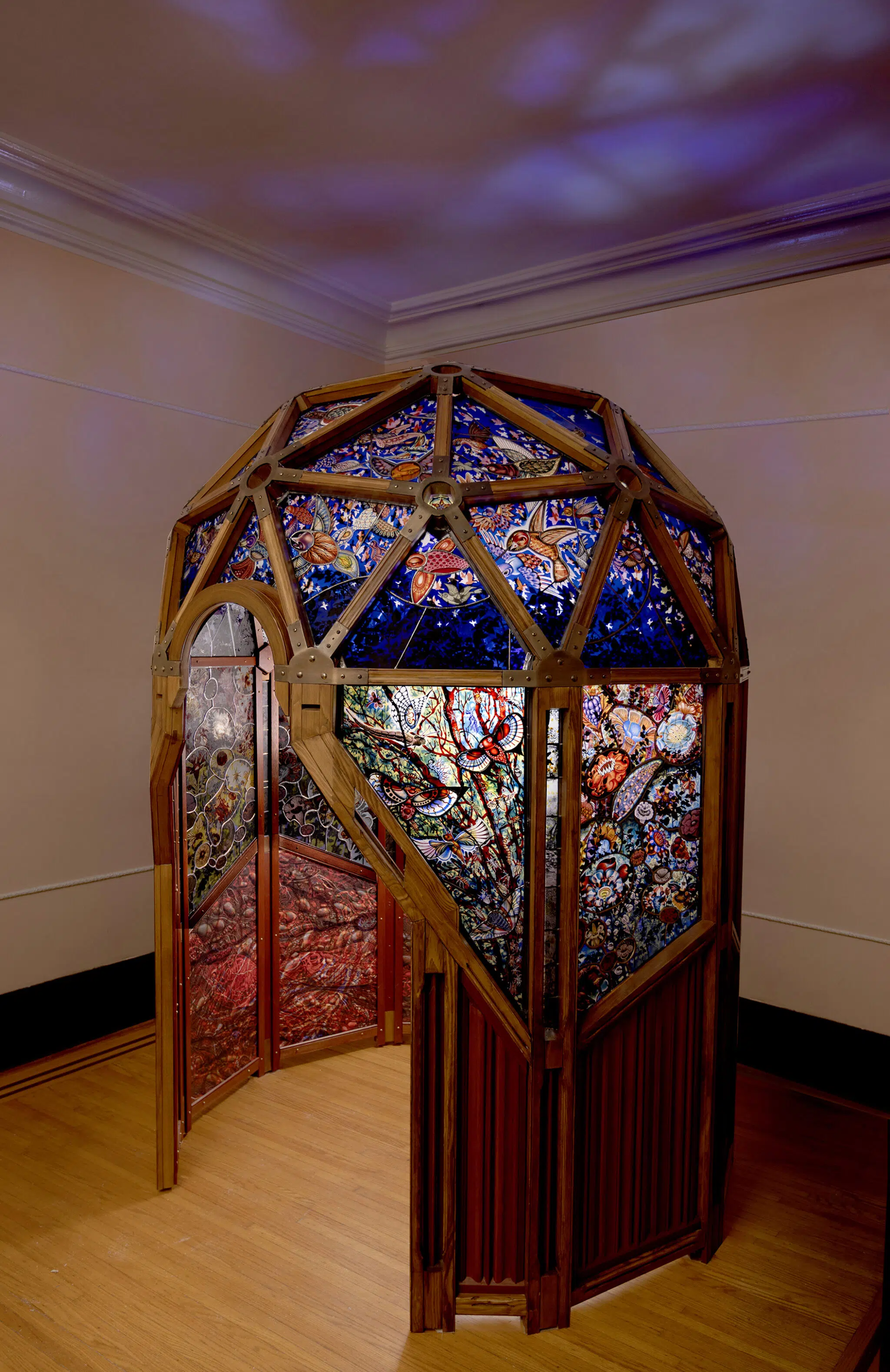 &ldquo;Super/Natural,&rdquo; 2025, stained glass panels and steel and wooden frame.