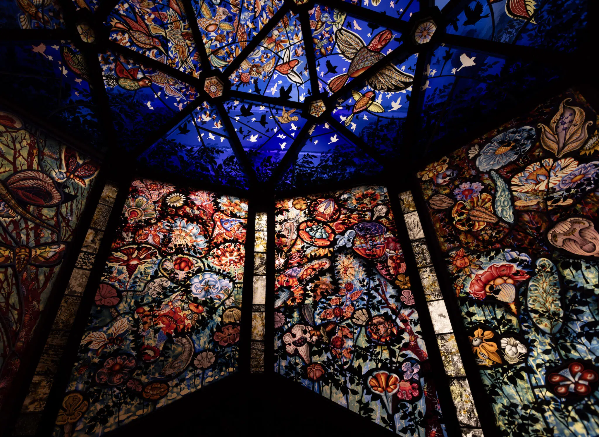 &ldquo;Super/Natural,&rdquo; 2025, stained glass panels and steel and wooden frame.