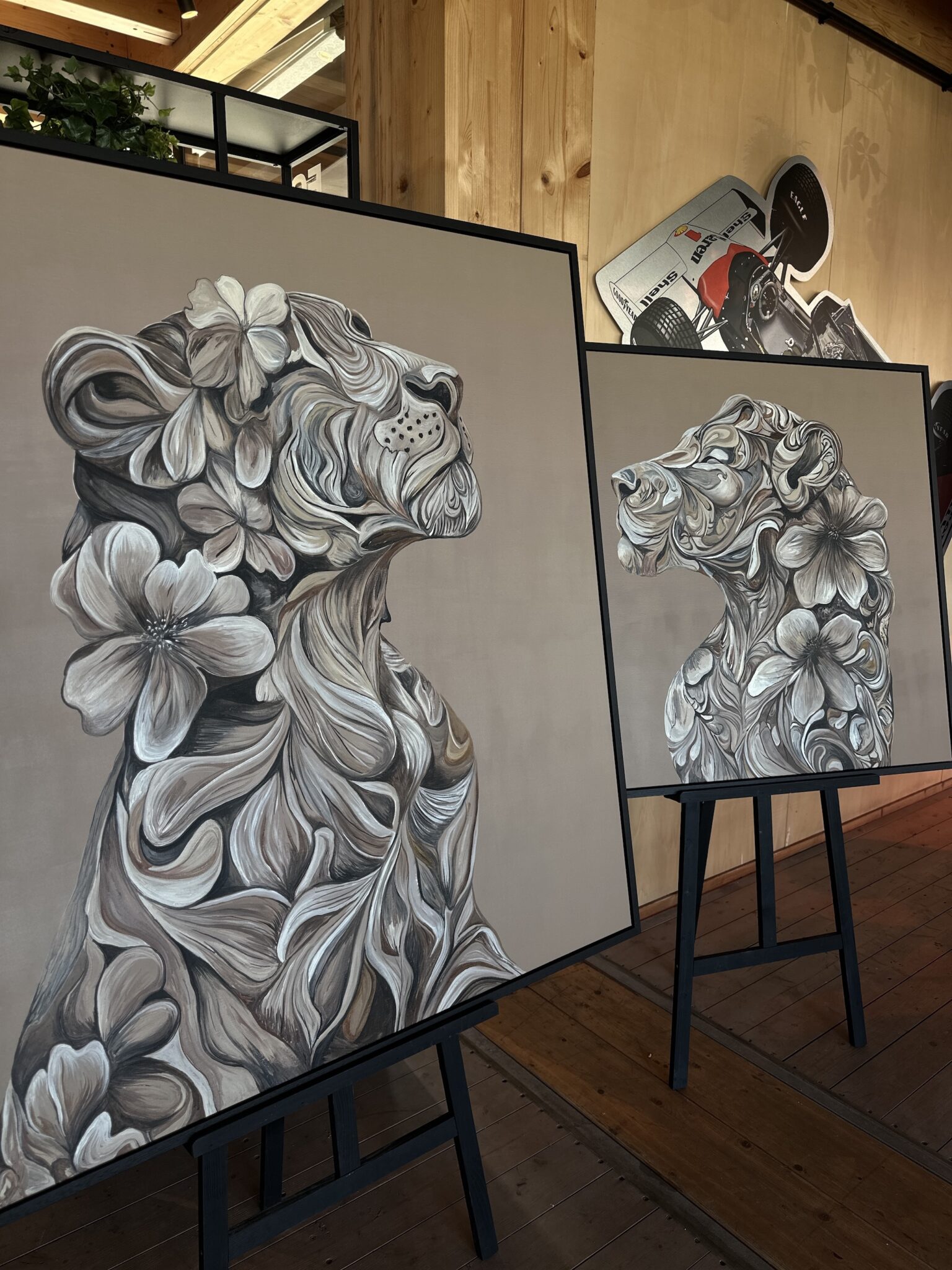 Two artworks depicting lions by Marcel van Luit