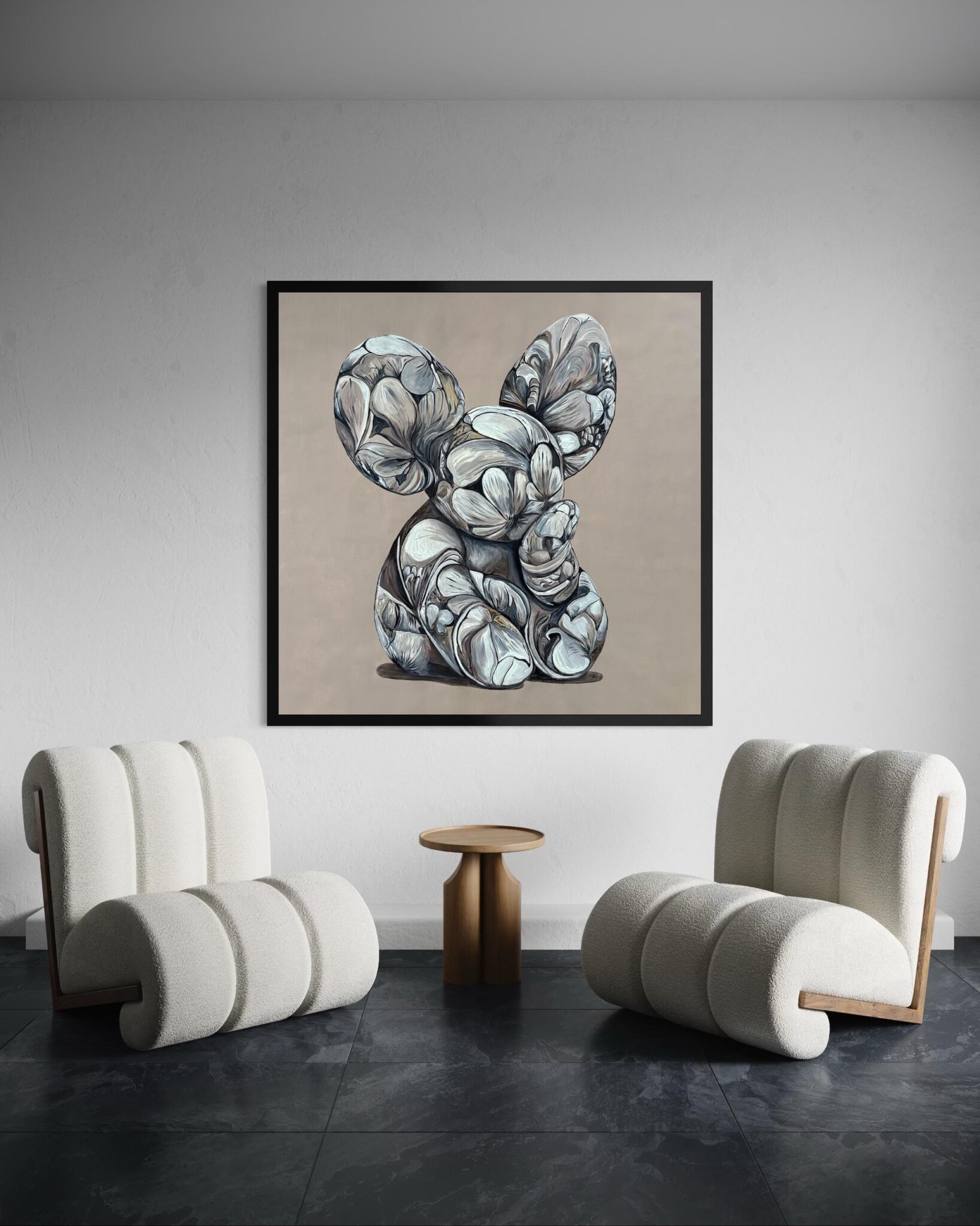 An artwork by Marcel van Luit depicting a mouse hanging on the wall