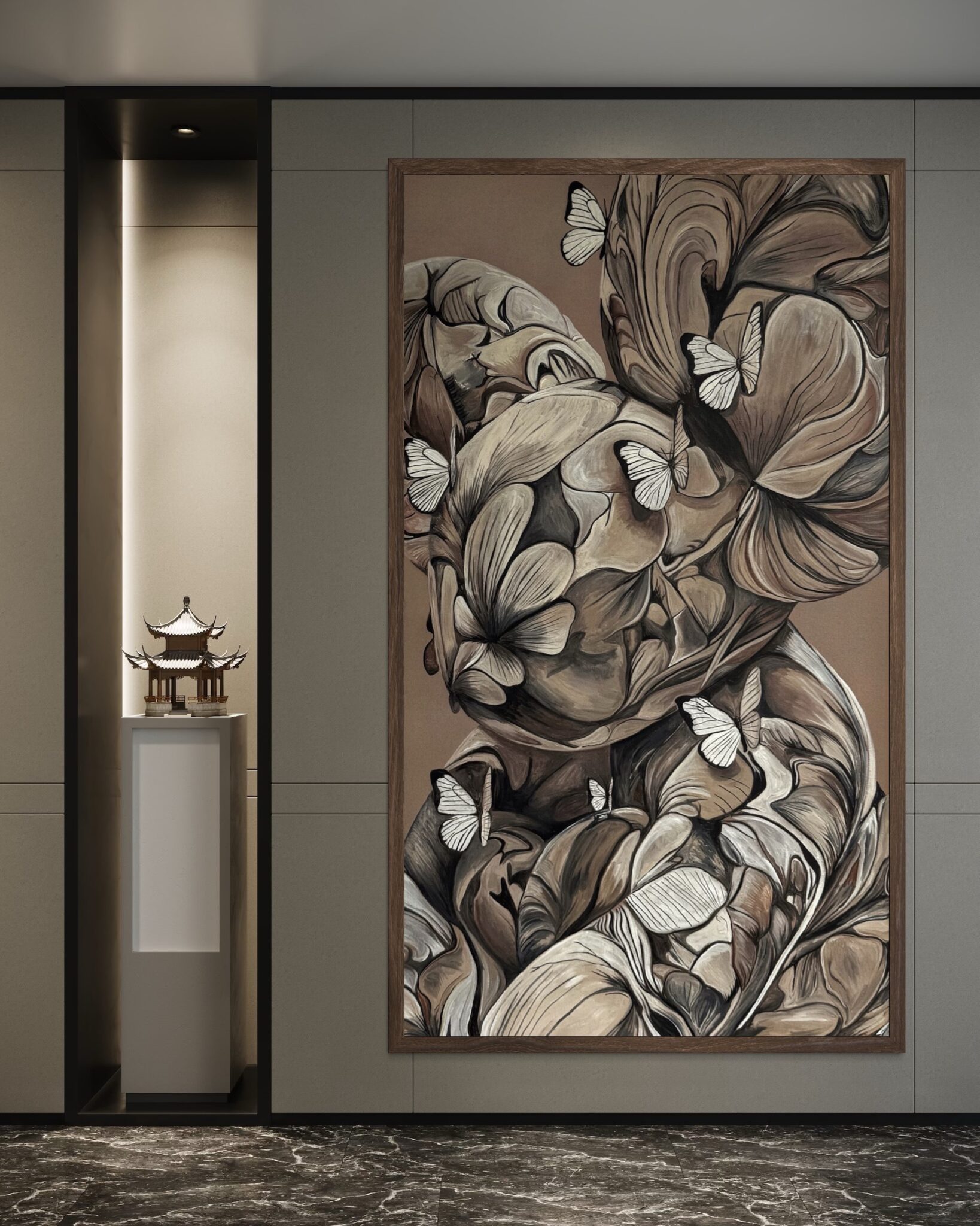 An artwork by Marcel van Luit depicting a mouse hanging on the wall